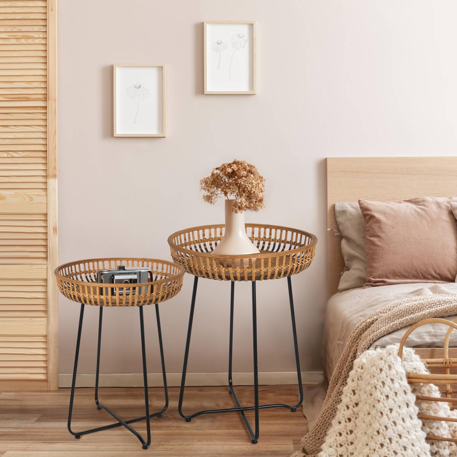 Oakrain Rattan Side Table Set of 2 - Bamboo Coffee Tables with Metal Base, 18.11