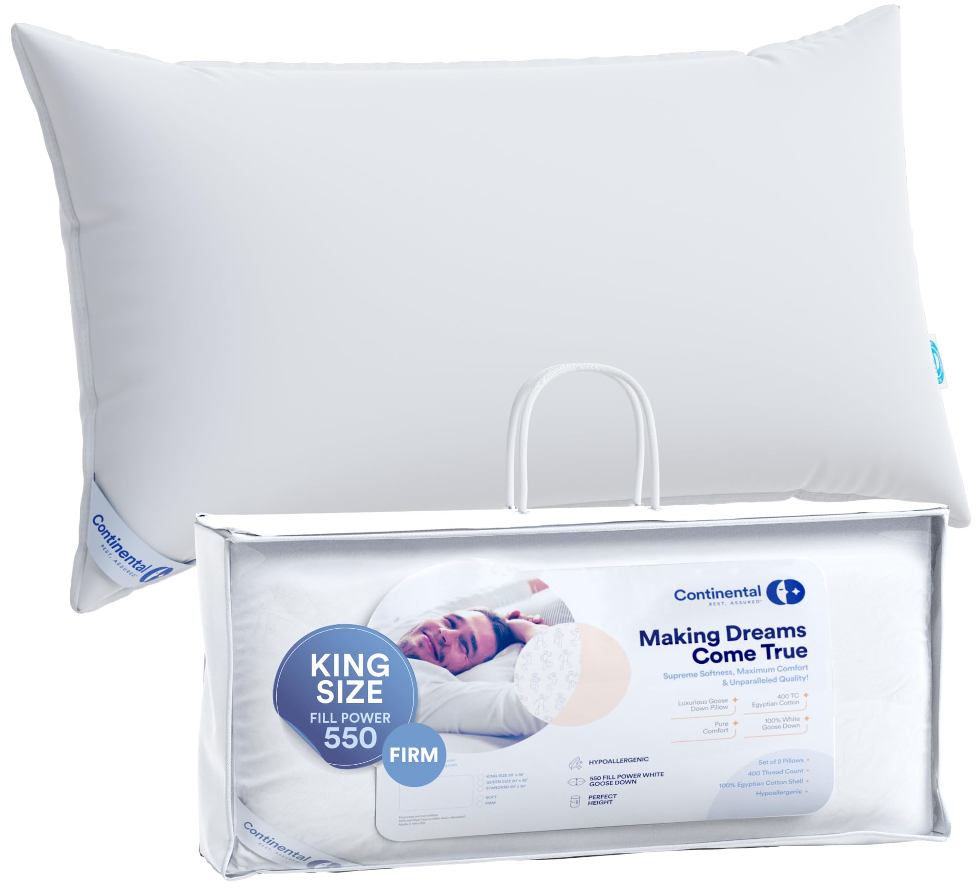 Premium 100% Luxury Down Pillows 550 Fill Power - Firm Support King Size (Pack of 1) White - Perfect for Back Sleepers & Hotel-Style Comfort