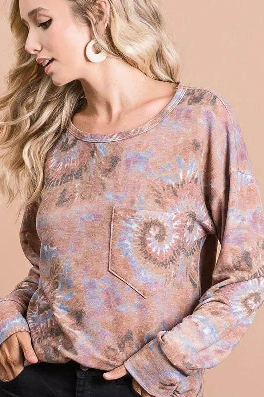 BiBi Tie Dye Print Terry Cotton Top with Front Patch Pocket - Women's Casual Loungewear for Summer & Beach