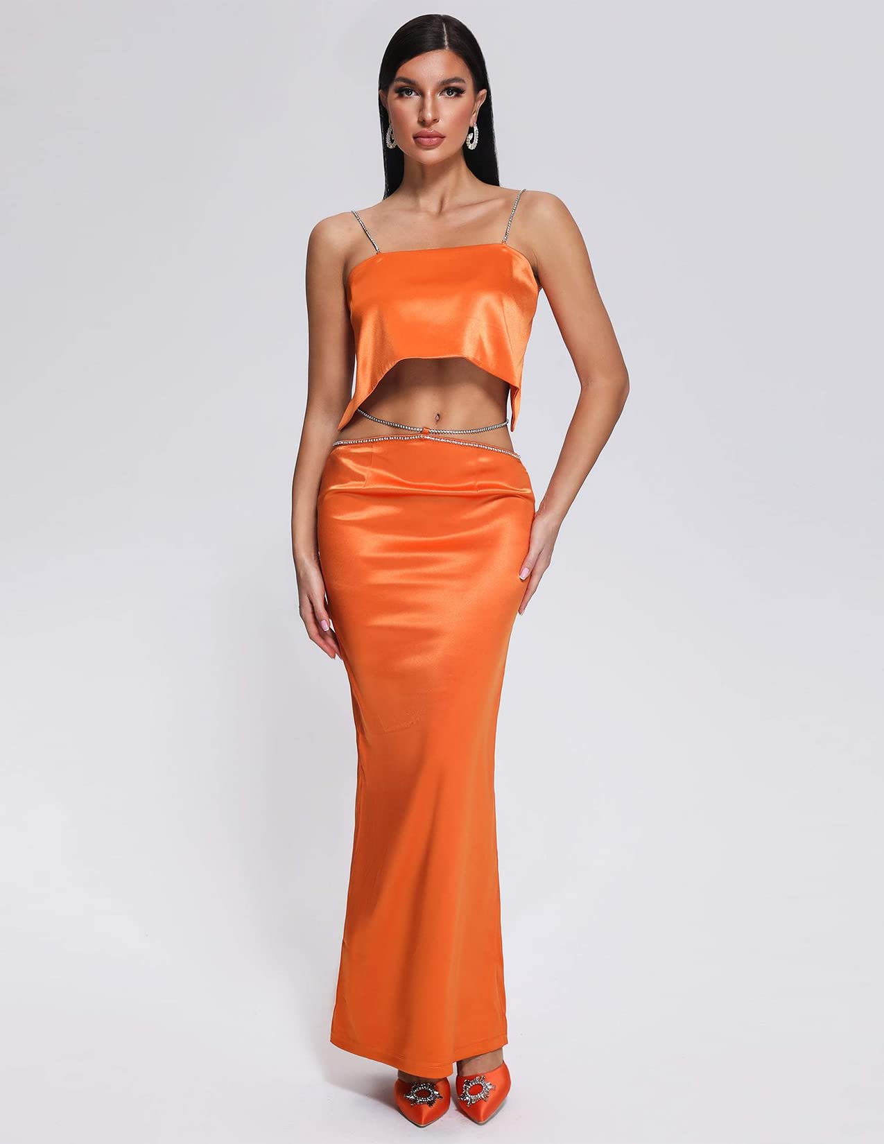BELLA BARNETT Women's Orange Satin Pajama Set - Soft Two-Piece Lounge Outfit for Sleep, Relaxation & Home Comfort