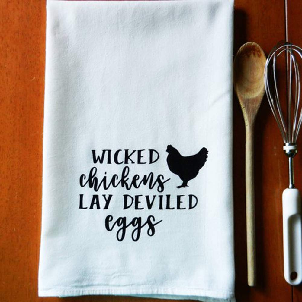 FaceYee Farmhouse Kitchen Towels Set - 14x30 Inch Wicked Chickens Lay Deviled Eggs Dish Towels, Dishcloths & Washcloths - White Cotton Table Decor for Cottage & Farmhouse Dining (Set of 4) - Perfect for Holiday Decor, Farmhouse Kitchen & Dining Table Settings