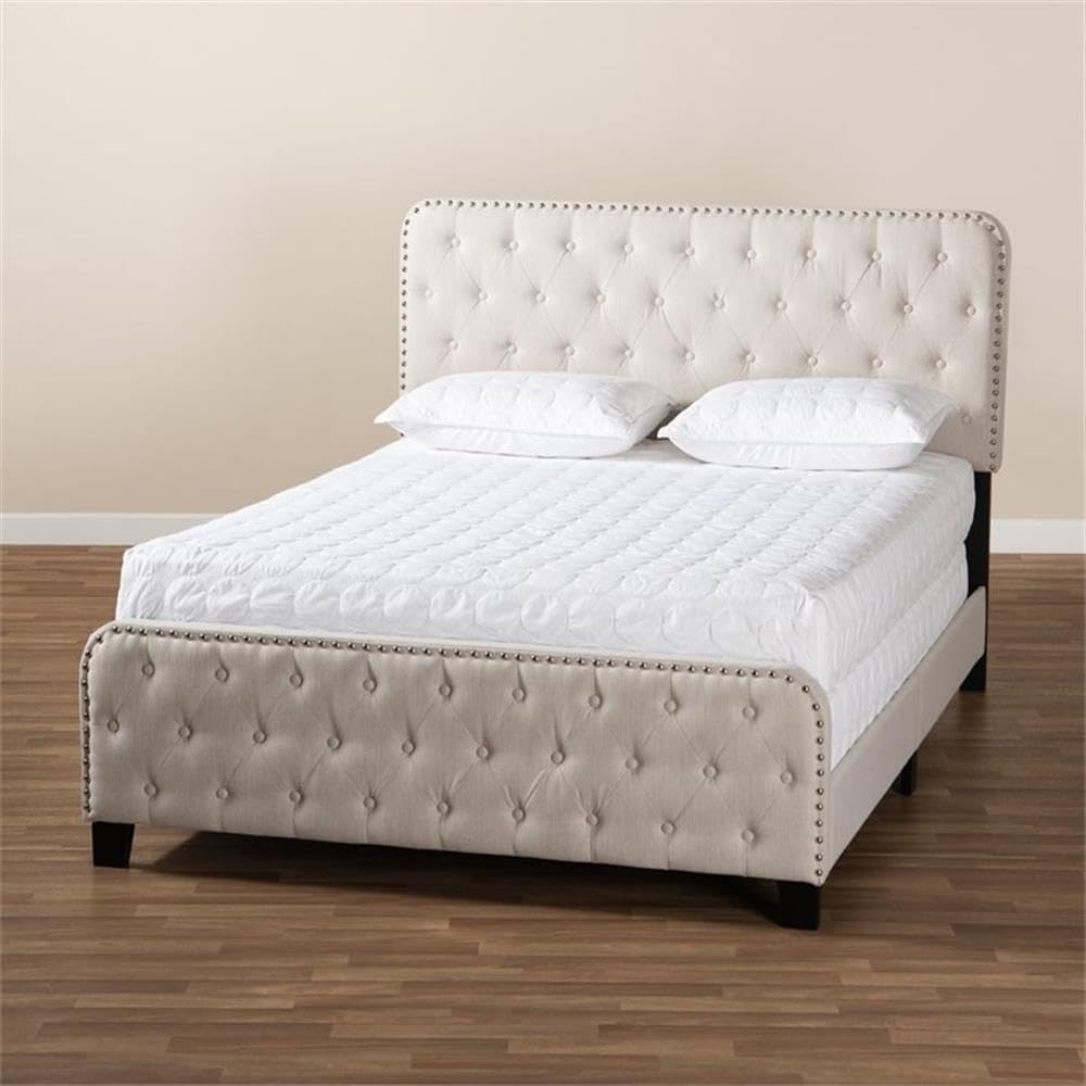 BOWERY HILL Full Size Beige Upholstered Button Tufted Panel Bed Frame - Queen Size Upholstered Platform Bed with Tufted Headboard for Modern Bedroom Decor