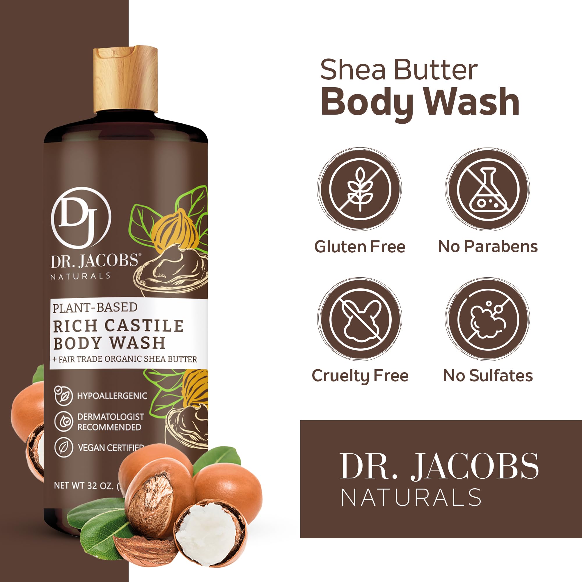 DR. JACOBS NATURALS Castile Shea Butter All-Natural Body Wash & Shampoo for Dry, Sensitive Skin - Plant-Based, Moisturizing Formula, Gluten & Preservative-Free - 32 oz (Pack of 1) - Perfect for Daily Shower & Gentle Hair Care