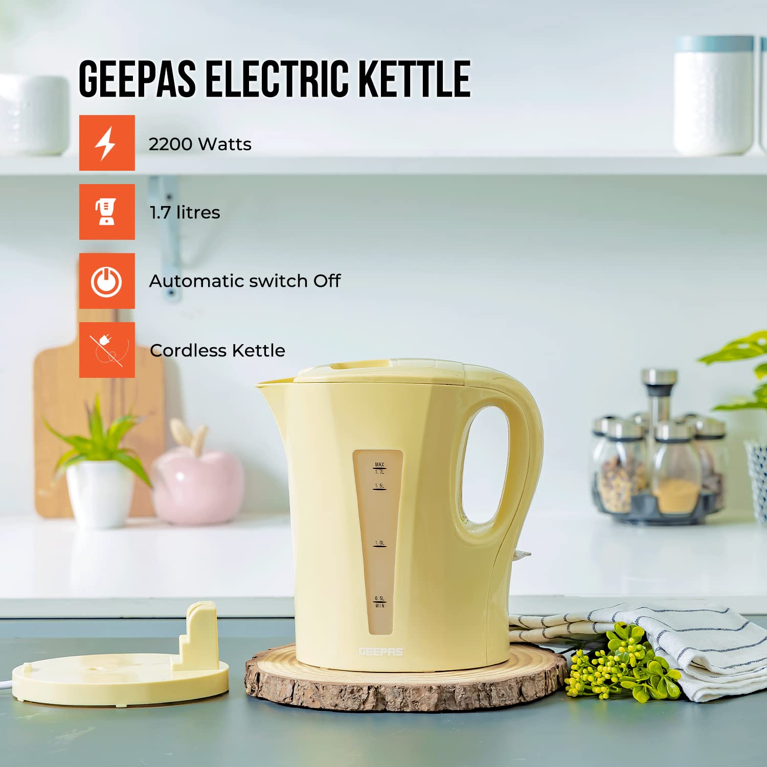 GEEPAS CO38029BT36549-BG 2200W Cordless Electric Kettle & 4-Slice Toaster Set - Fast Boiling & Even Toasting for Coffee, Tea & Breakfast - Perfect for Home, Office & Dorm Use