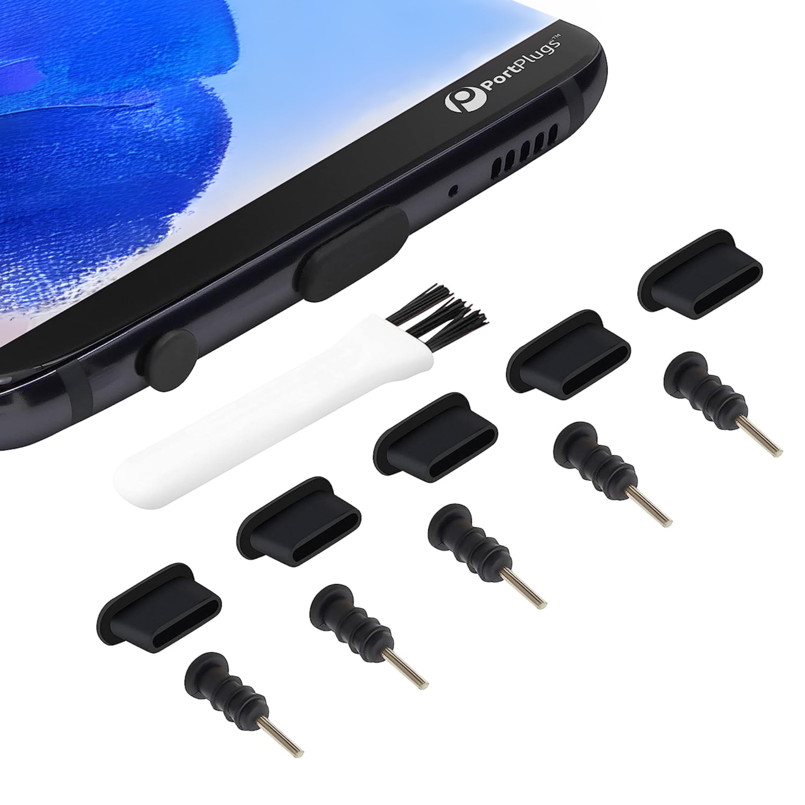 Premium USB-C & 3.5mm Anti-Dust Plugs with Cleaning Brush - Compatible with iPhone 16/15, Samsung Galaxy & Android Devices (10-Pack, Black) | Perfect for Travel, Gym & Daily Device Protection