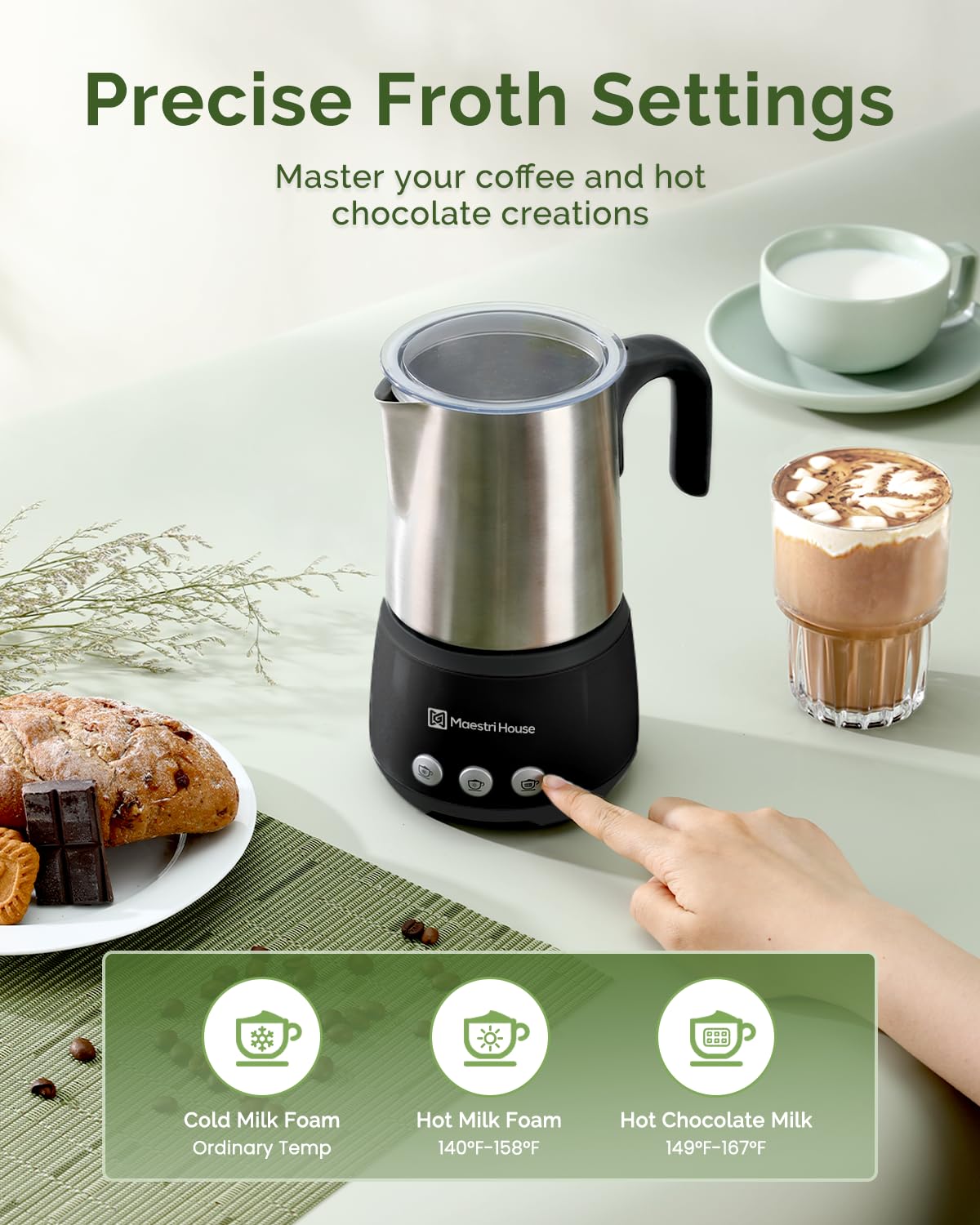 Maestri House 4-in-1 Electric Milk Frother and Steamer - 600W Smart Touch Control with Memory Function - 16.9OZ Hot & Cold Foam Maker for Latte, Cappuccino, Hot Chocolate - Perfect for Coffee Shops, Home Kitchen, and Office Use