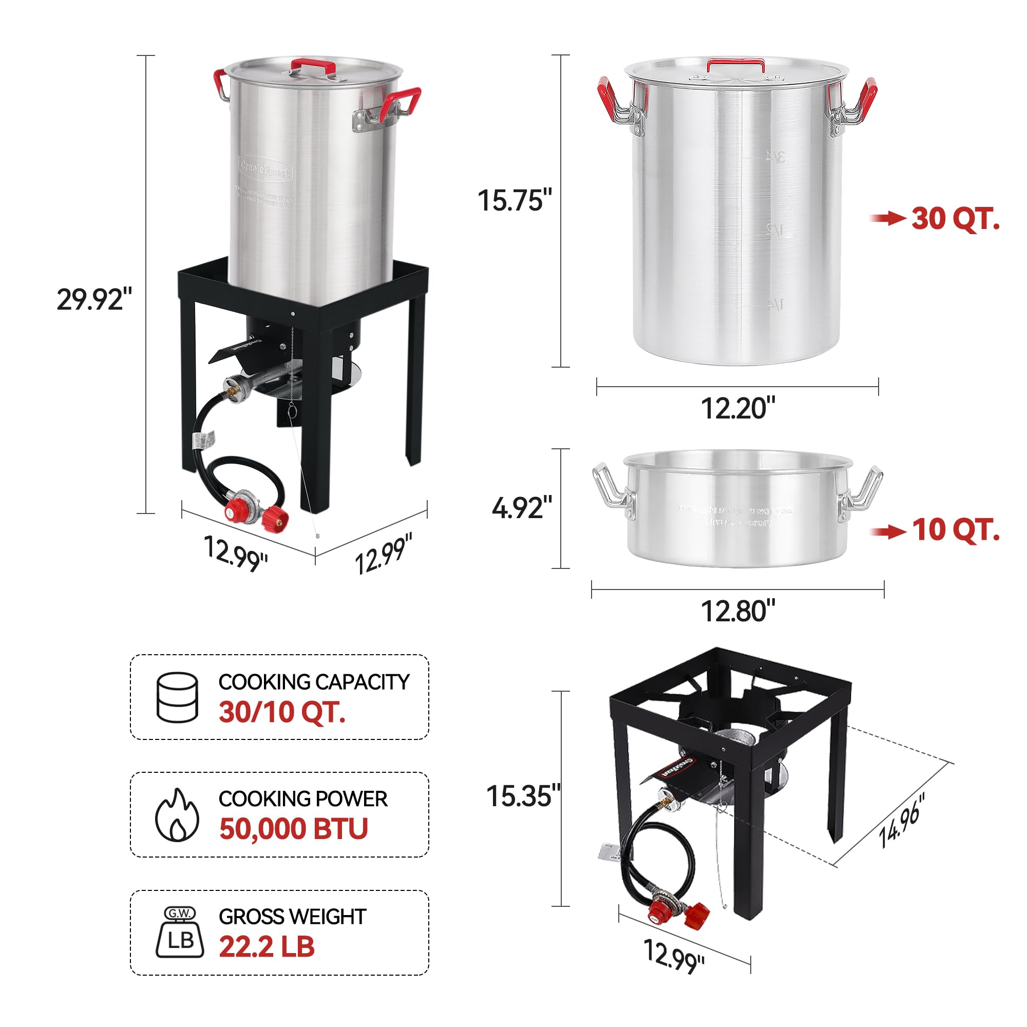 Creole Feast TFP1030 30 Quart Turkey Fryer & 10 Quart Fish Fryer Kit with 50,000 BTU Propane Burner – Outdoor Deep Fryer & Seafood Boiler Steamer for Backyard Cooking, Camping, Tailgating – Silver & Black