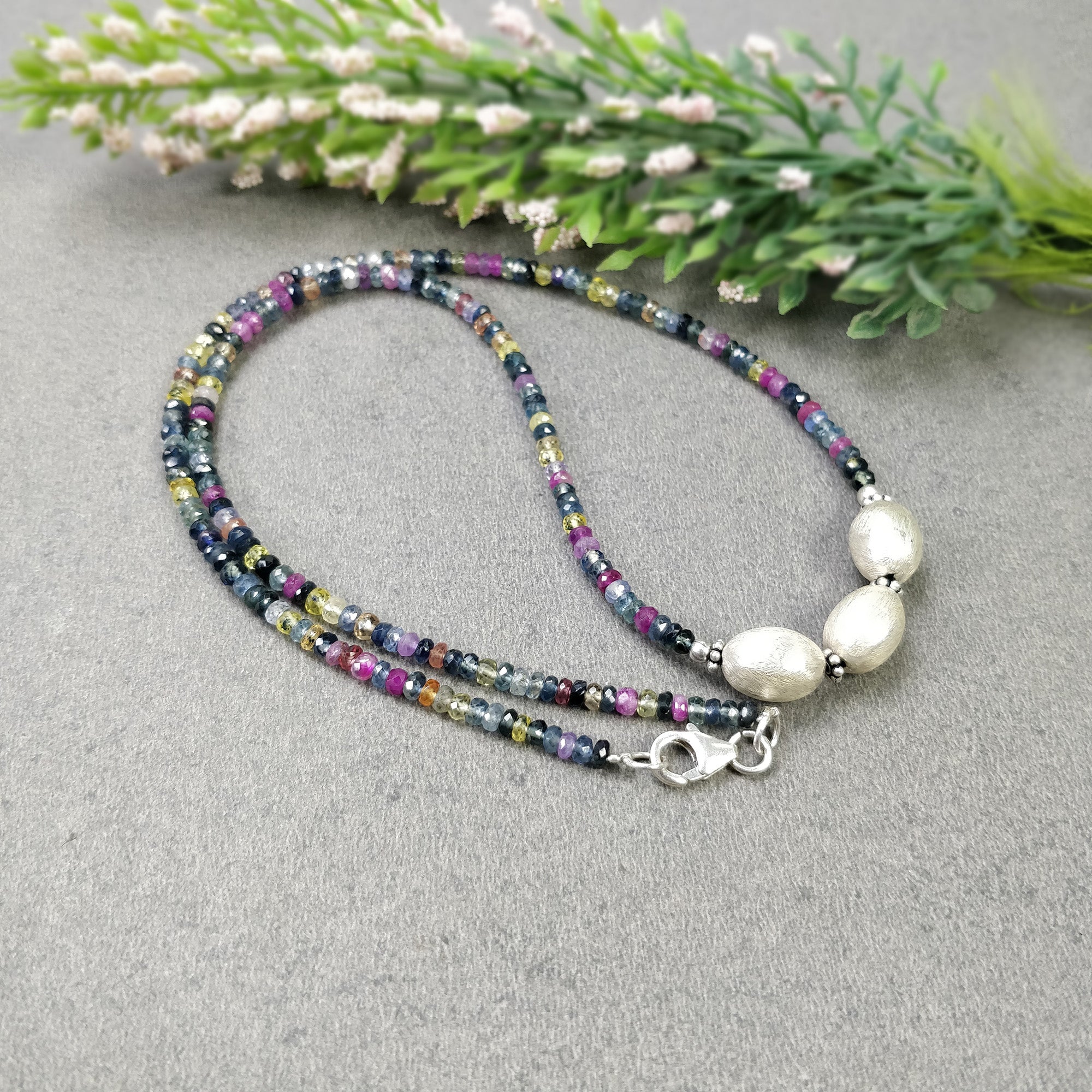 Natural Multi Sapphire Beaded Necklace for Women - 925 Sterling Silver Pendant Chain with Gemstone Beads - Elegant Jewelry Gift (18.5