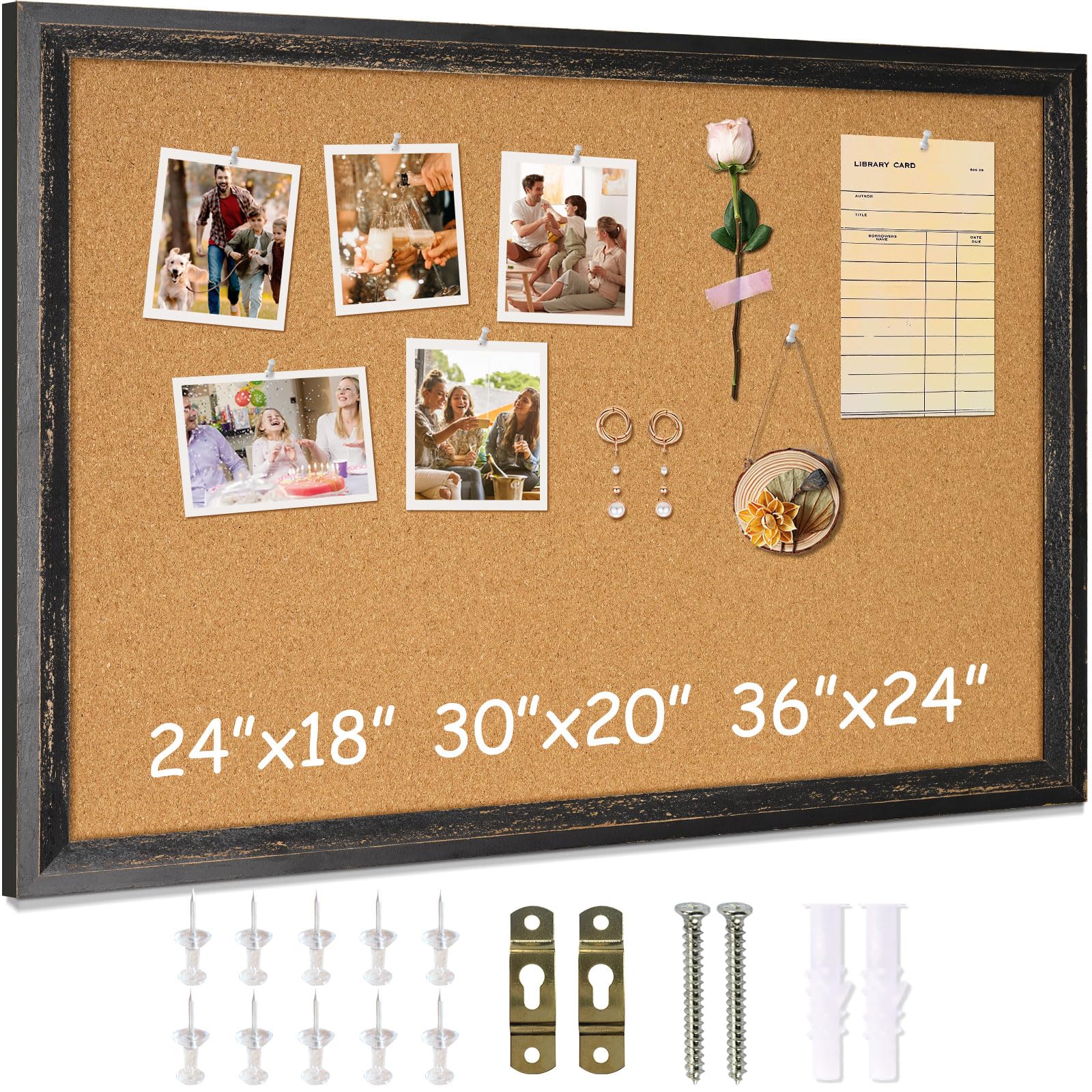 24x18 Inch Cork Bulletin Board with Rustic Wooden Frame - Decorative Office & Home Pin Board for Vision Boards, Notices & Wall Decor (Black) | Perfect for Home Offices, Classrooms & Workspaces