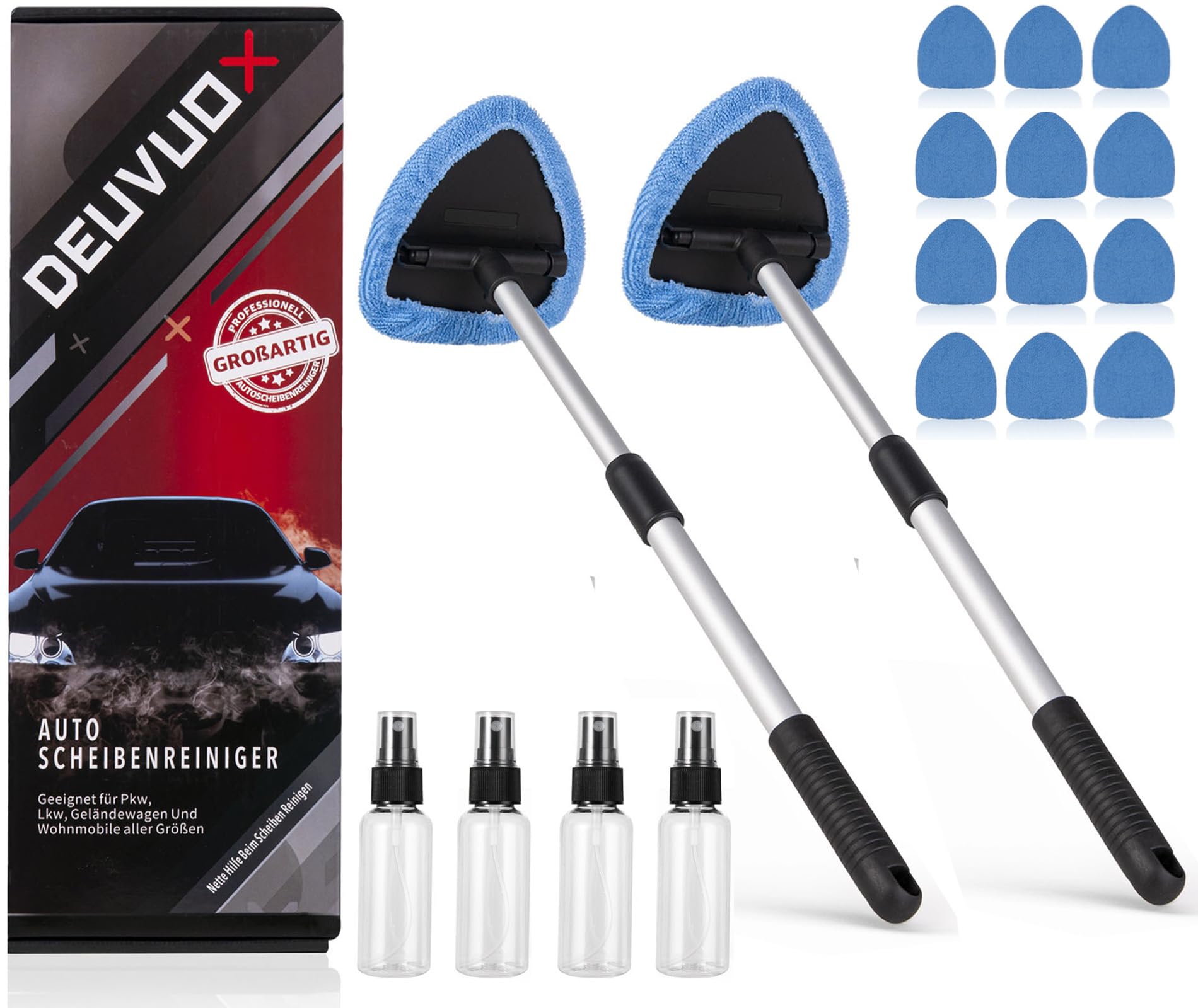 Deuvuo 18-Piece Car Windshield Cleaning Kit - Expandable Window Cleaner with 12 Reusable Microfiber Pads & 4 Spray Bottles - Auto Glass Cleaning Tool Set for Cars, Trucks, RVs & Home Windows