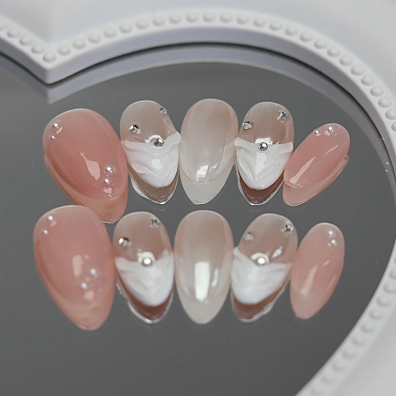 10Pcs Sweet Dreamy Almond Press On Nails - Aurora Pink False Nails with Glue, 3D Wave French Design, Full Cover Acrylic Manicure Tips for Women | Perfect for Parties, Weddings & Special Occasions