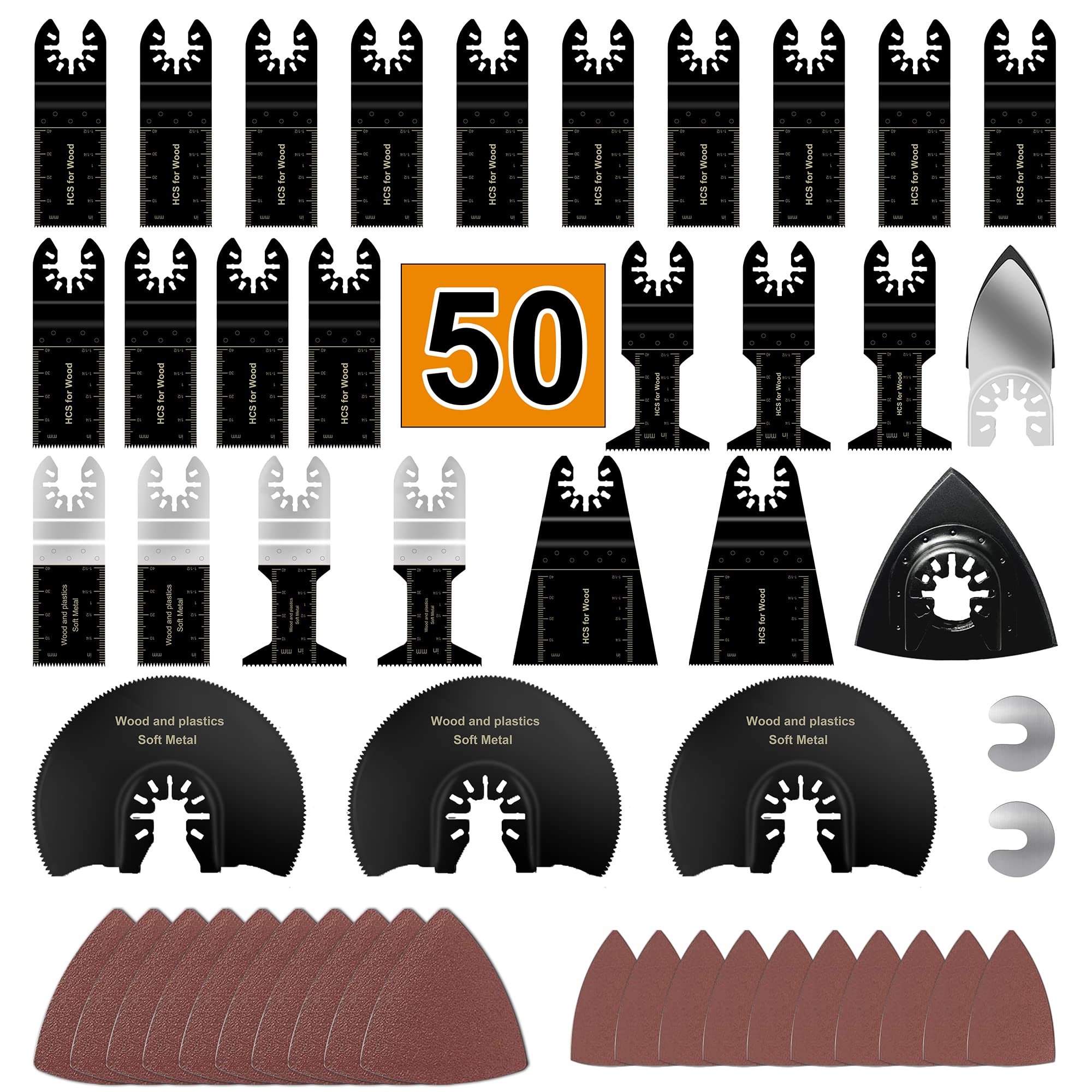 50 Pack Universal Quick Release Oscillating Saw Blades Kit - Multi Tool Blades & Sanding Set Compatible with Black & Decker, Porter Cable, Dewalt, Chicago Rockwell, Craftsman - Perfect for Woodworking, Flooring, Drywall & DIY Home Renovation Projects