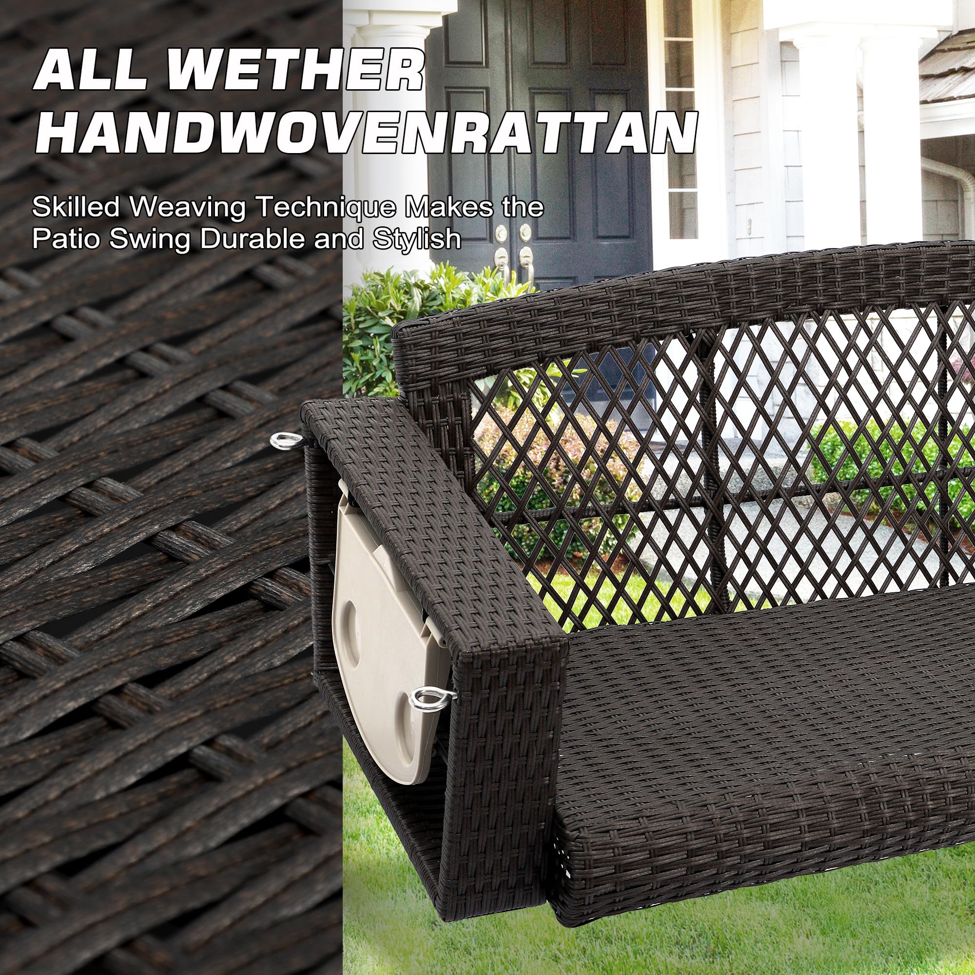 Grepatio 3-Person Wicker Porch Swing Chair - Outdoor Rattan Hanging Swing Bench with Cushion & Pillow - Brown Rattan with Khaki Cushion - Perfect for Garden, Yard, Lawn, Patio & Backyard Relaxation