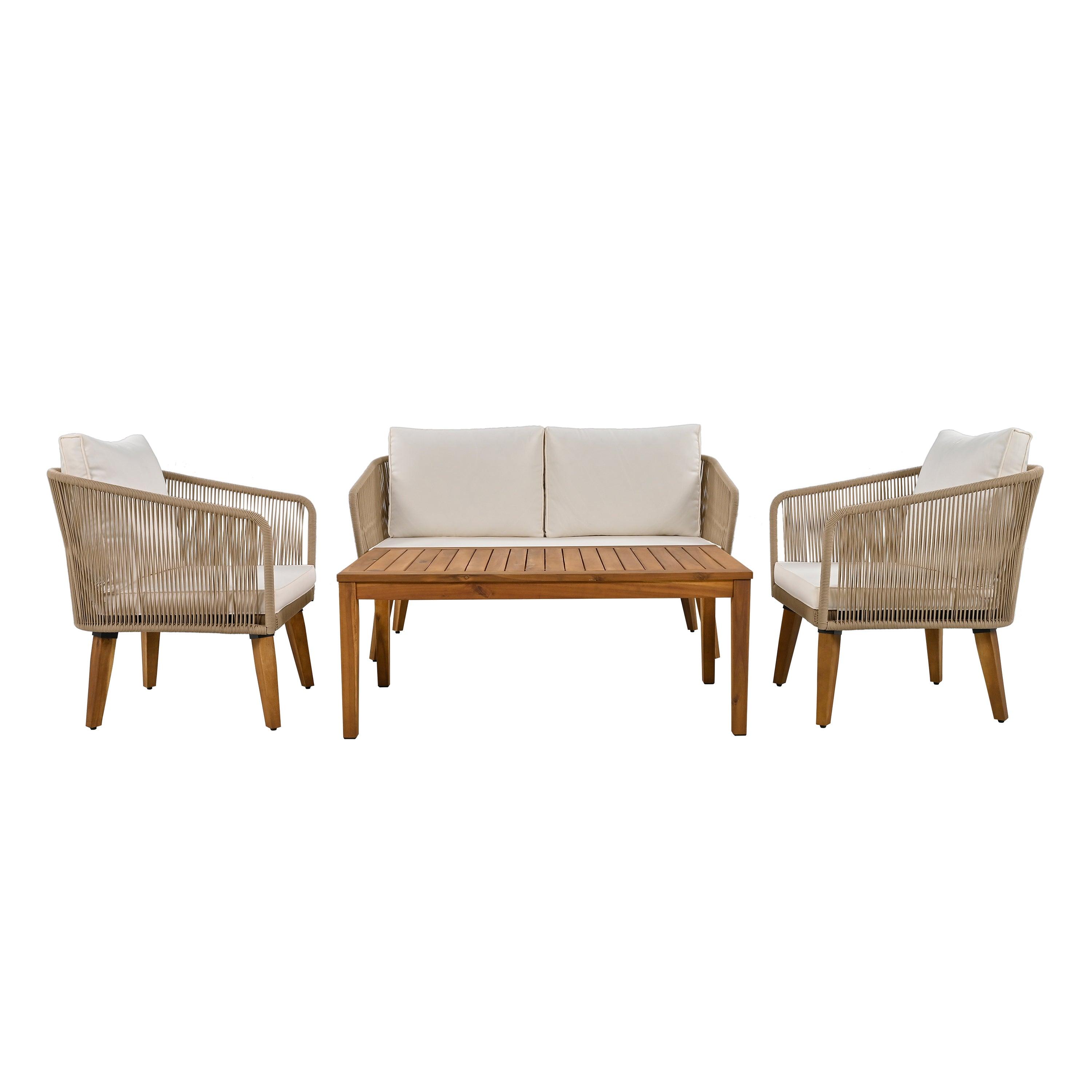 4-Piece Outdoor Patio Furniture Set with Loveseat, Rope Wicker Conversation Set & Cushions - Perfect for Backyard, Garden, Poolside & Outdoor Entertaining