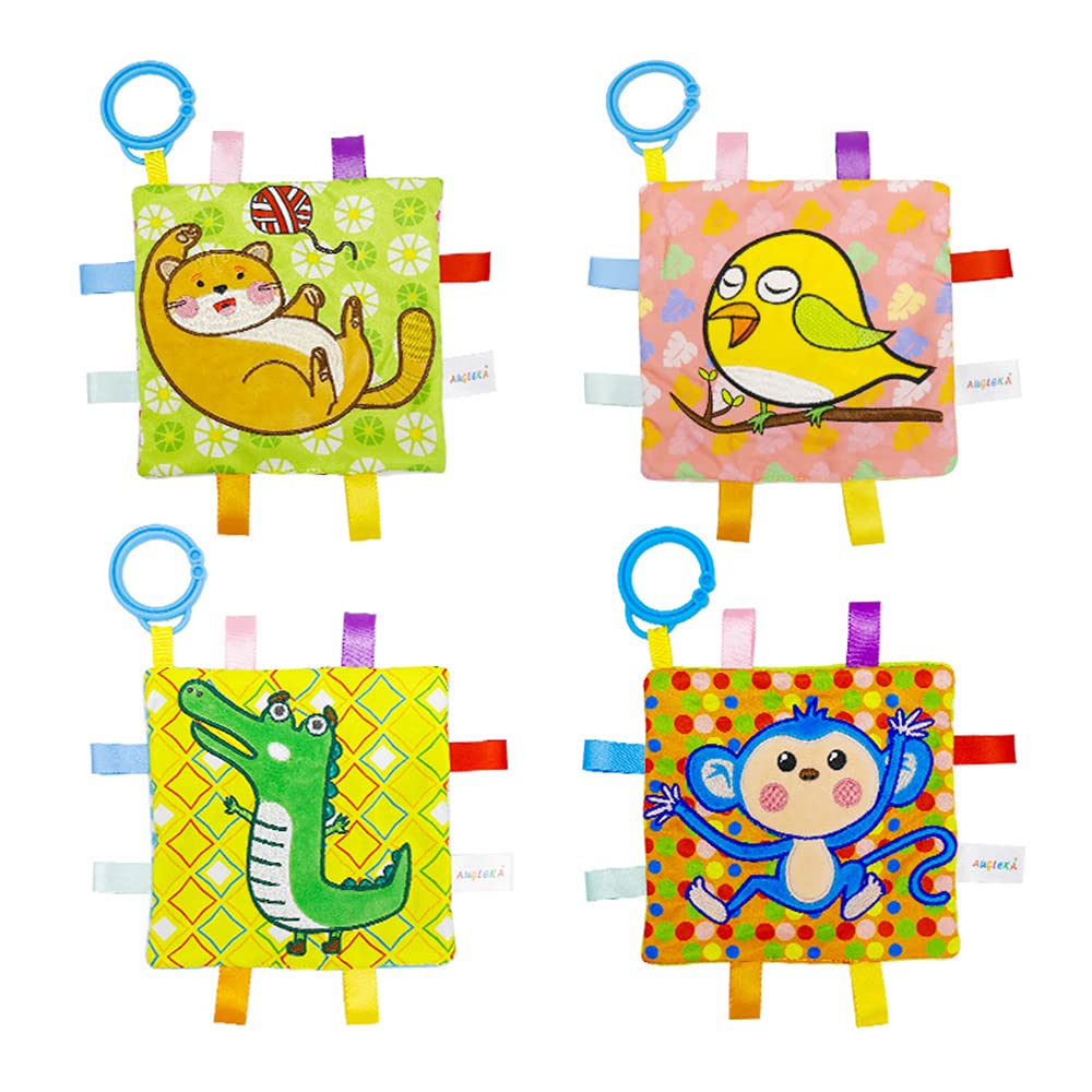 ORCUCCI 4 Pack Baby Sensory Toys - Cute Animal Pattern Comfort Towels with Wrinkles for Teething, Cognition & Carriage Pendants | Perfect for Infants, Strollers & Car Rides (Assorted Designs)