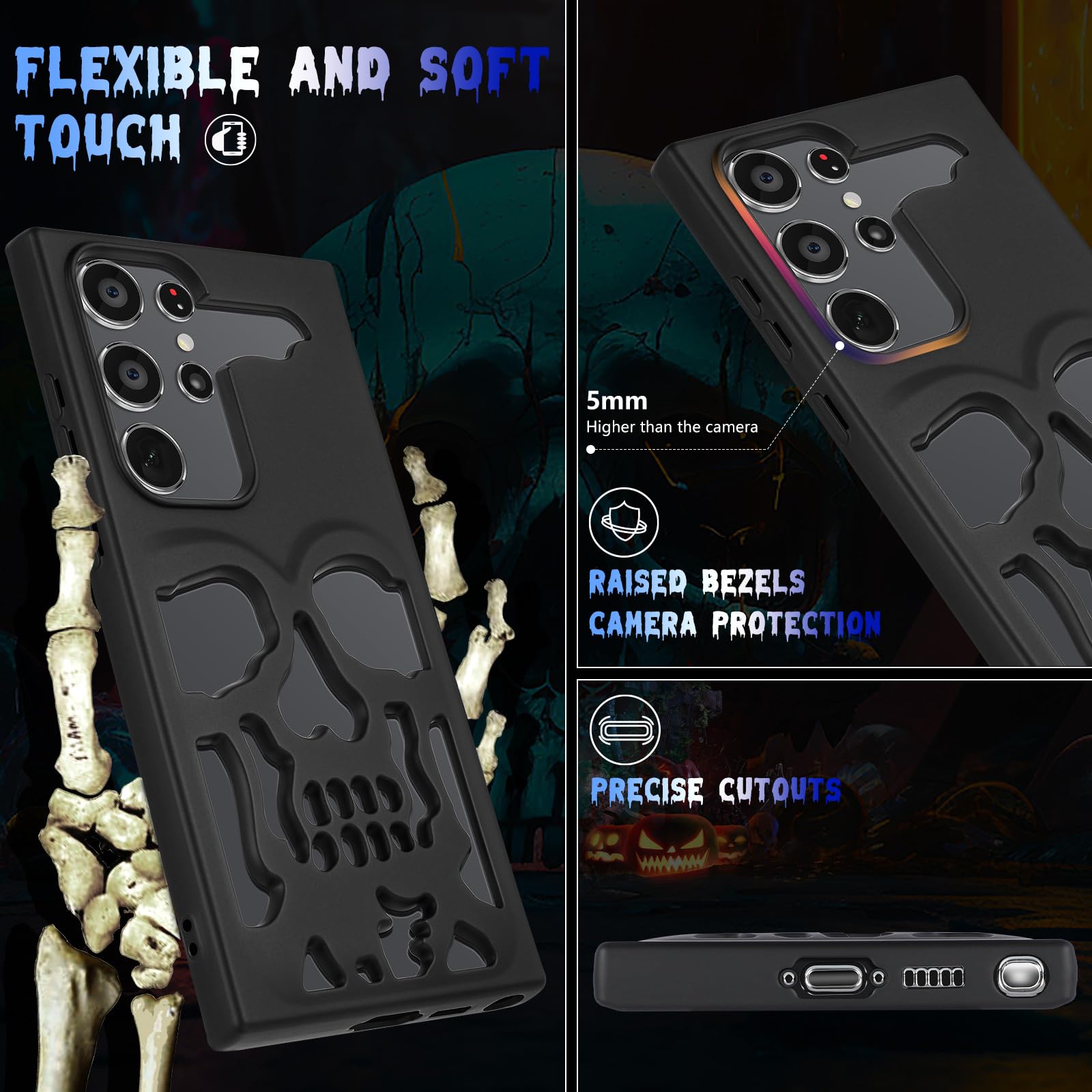 Samsung Galaxy S22 Ultra Phone Case - Gothic Skull Skeleton Design for Men & Women | Matte Black Hollowed Protective Cover | Perfect for Daily Use, Parties & Gothic Fashion Enthusiasts