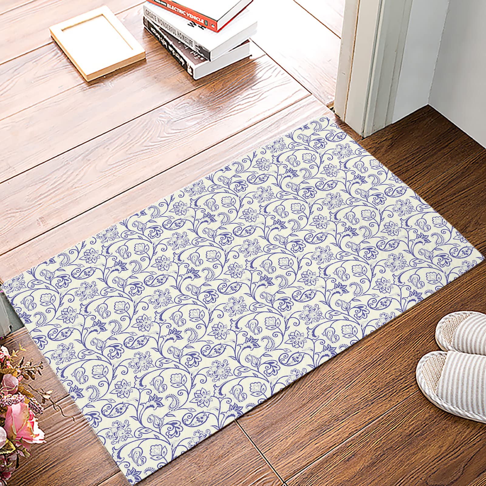 Blue Paisley Doormat - Non-Slip Absorbent Bathroom & Kitchen Rug with Retro Flowers & Vines Design, Washable Indoor Entrance Mat for Front Door, Bath & Floor - Perfect for Farmhouse, Vintage & Boho Home Decor