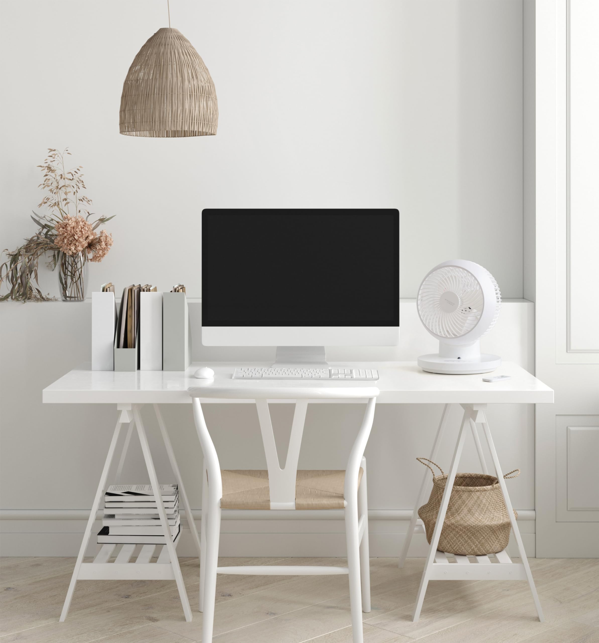 IRIS USA WOOZOO 13-Inch Oscillating Desk Fan with Remote Control - 360° Rotation, 3 Speed Settings, 52ft Airflow, Ultra Quiet Motor - Perfect for Home Office, Bedroom & Dorm Room Cooling (White, Model 500901)