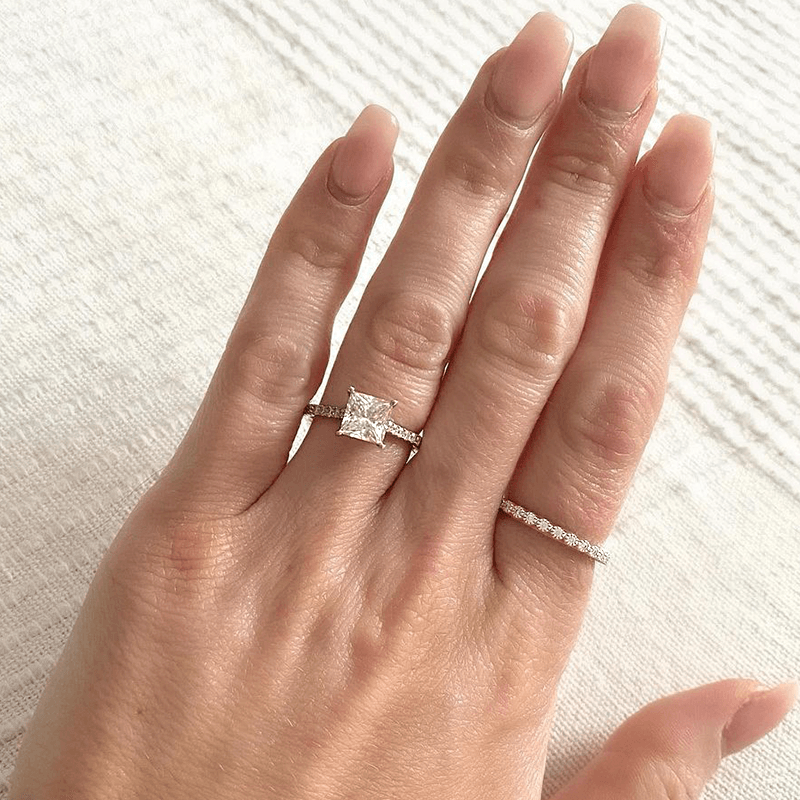 Princess Cut Pavé Moissanite Engagement Ring - 14K White Gold Wedding Band for Women | Sparkling Diamond Alternative for Proposals, Anniversaries & Special Occasions