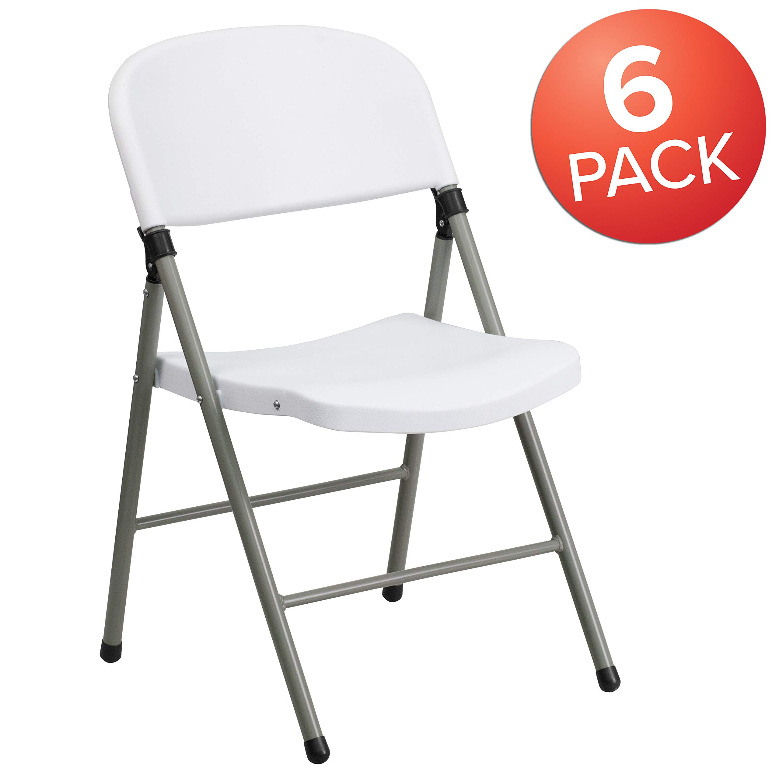 6 Pack Heavy Duty White Plastic Folding Chairs with Gray Frame - 330 lb Capacity - Event, Wedding, Party & Outdoor Chairs for Indoor/Outdoor Use