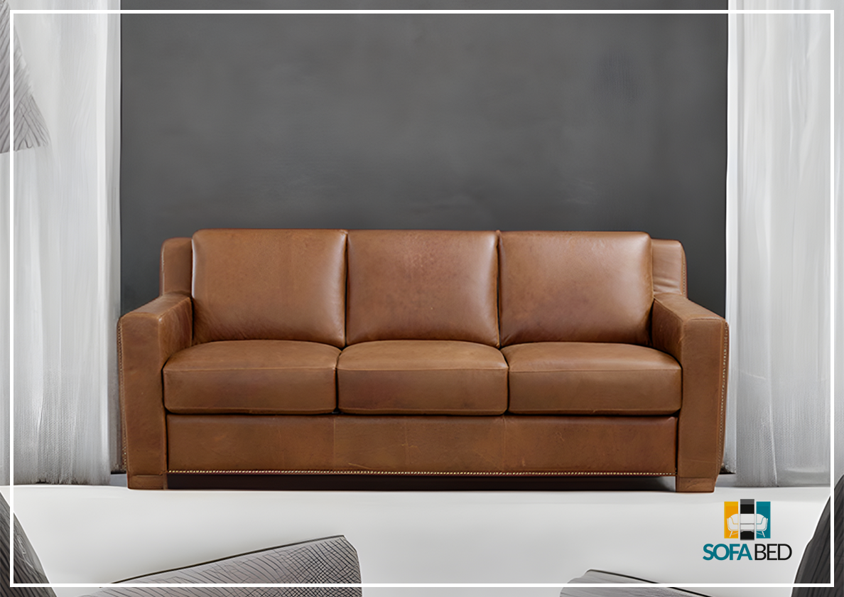 Kathy Ireland Alaves 3-Seater Brown Genuine Leather Queen Size Sleeper Sofa Bed - Convertible Couch for Living Room, Guest Room & Small Spaces