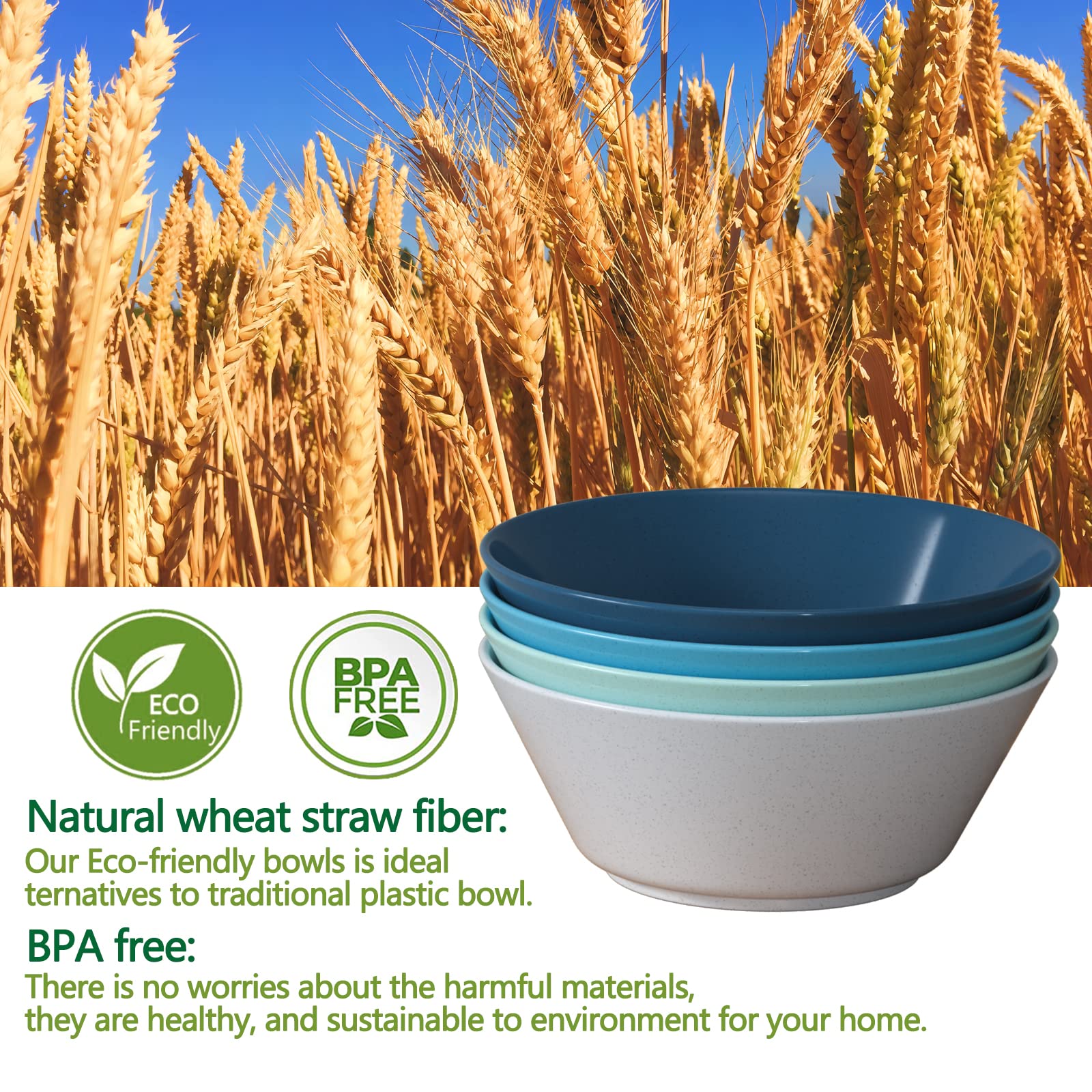 50 Oz Large Unbreakable Wheat Fiber Cereal & Salad Bowls Set - BPA-Free, Microwave & Dishwasher Safe, Stackable for Oatmeal, Snacks, Soups - Perfect for Family Meals, Picnics, and Party Serving