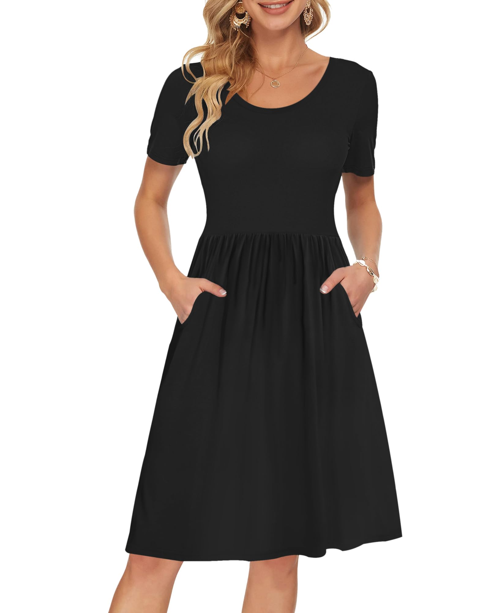 AUSELILY Women's Summer Short Sleeve Empire Waist Pleated Swing Dress - Knee Length Loose Fit with Pockets | Casual Wear, Beach Cover Up, Vacation Outfit 2025 New