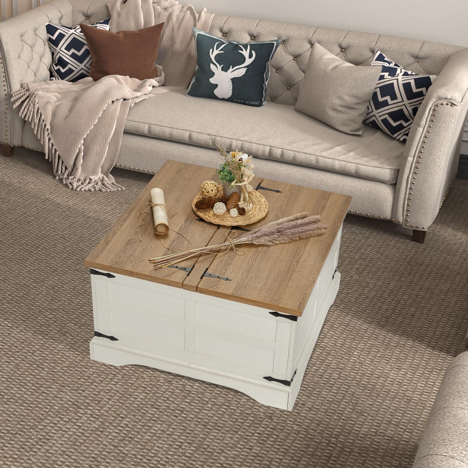 Rustic Farmhouse Coffee Table with Hinged Lift Top & Hidden Storage - Solid Wood Square Center Table for Living Room, Home Office - Antique White Finish | Perfect for Small Spaces, Family Gatherings & Cozy Home Decor