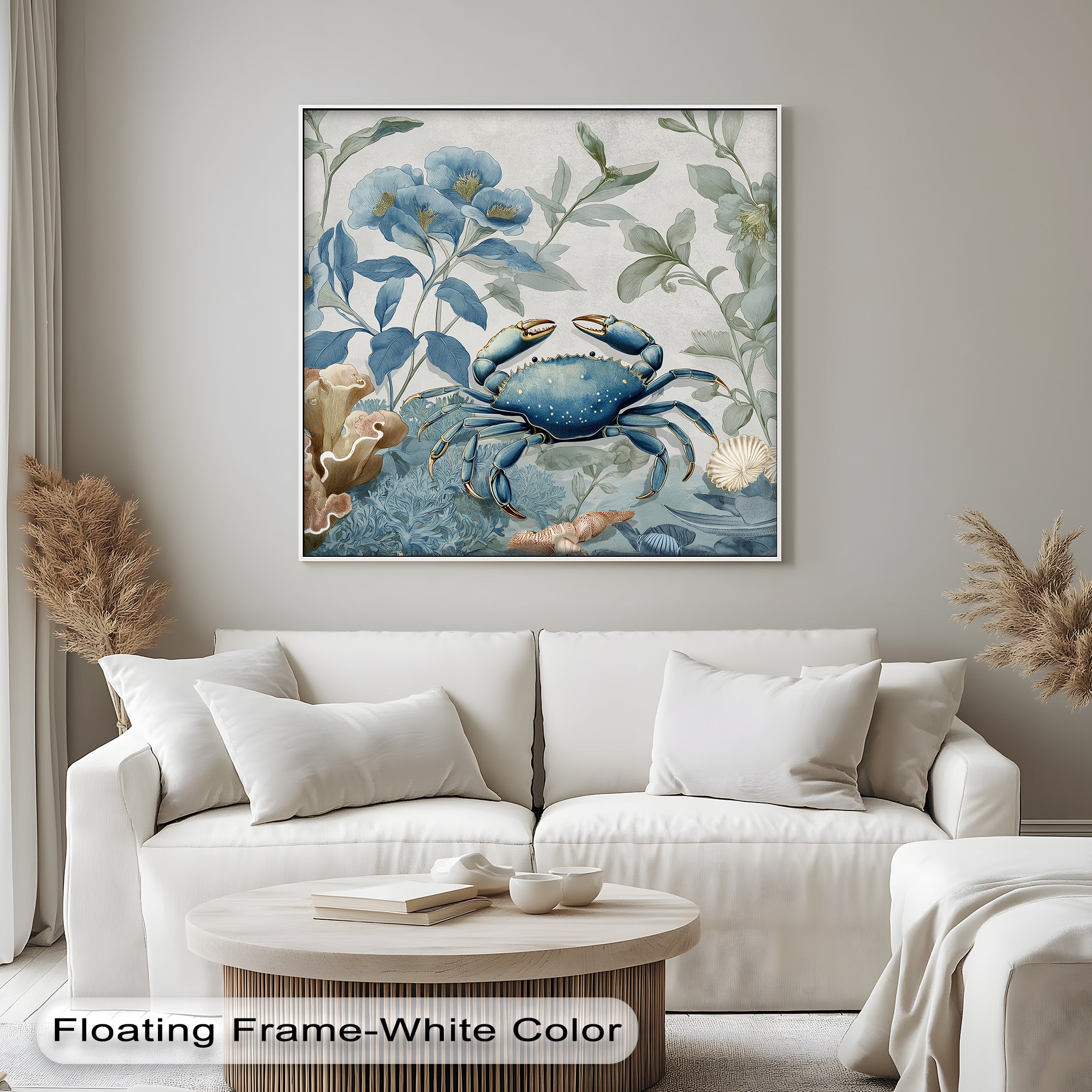 Blue Crab in Botanical Reef - Coastal Nature Canvas Print Wall Art | Beach House Decor, Ocean Themed Living Room, Coastal Bedroom Decor
