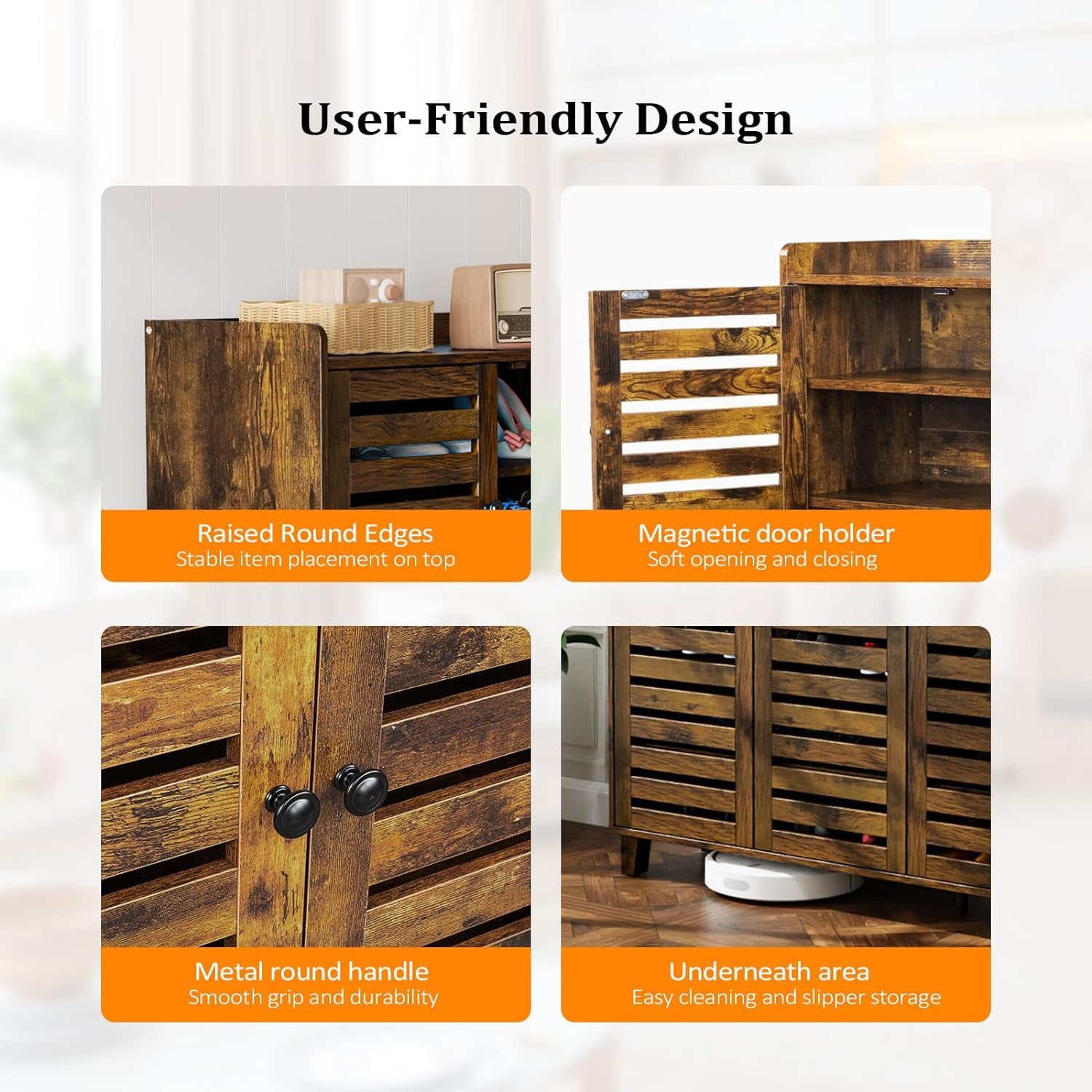 VINGLI 3-Door Hidden Shoe Cabinet Storage Organizer - 5-Tier Adjustable Shelves Freestanding Entryway Shoe Rack for Hallway, Living Room & Bedroom - Rustic Brown Wooden Shoe Storage Cabinet for Home Organization