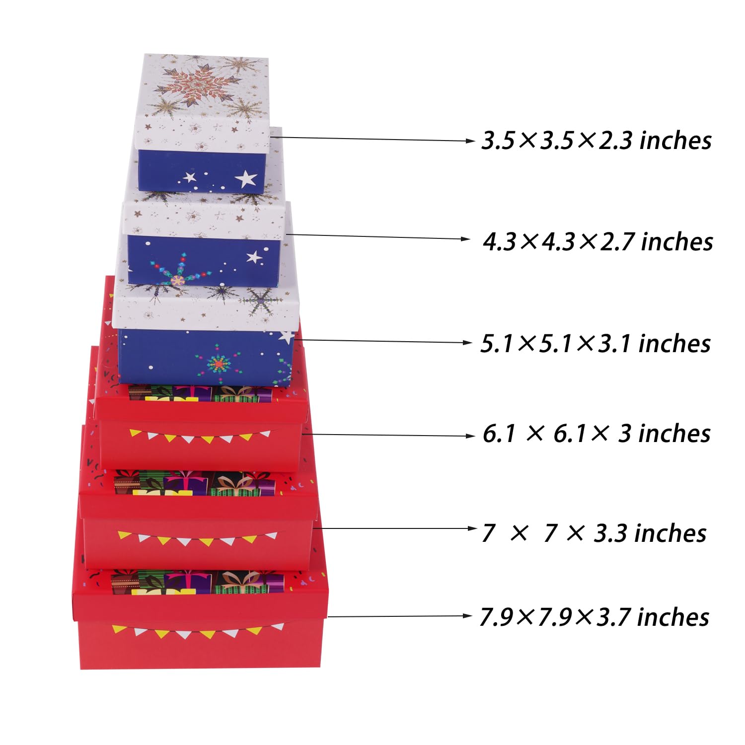 6PCS Christmas Nesting Gift Boxes with Lids - Red & Blue Square Stackable Xmas Box Set for Holiday Gifts, New Year, Party Favors & Home Decor | Perfect for Christmas Packaging, Gift Wrapping & Festive Storage