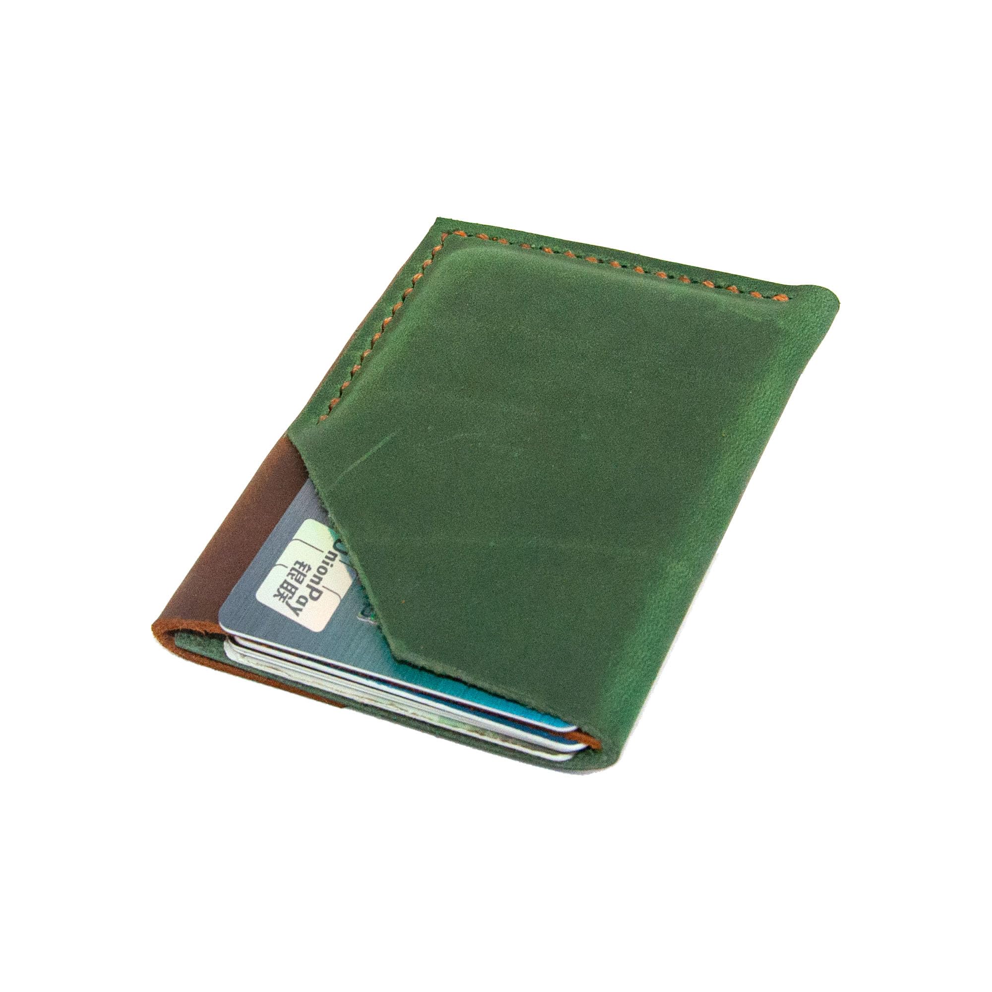 Personalized Handmade Minimalist Vertical Card Wallet - Green & Brown Leather Credit Card Holder for Men & Women - Slim Front Pocket Wallet & RFID Blocking Card Sleeve - Perfect for Everyday Carry, Travel, and Business Use