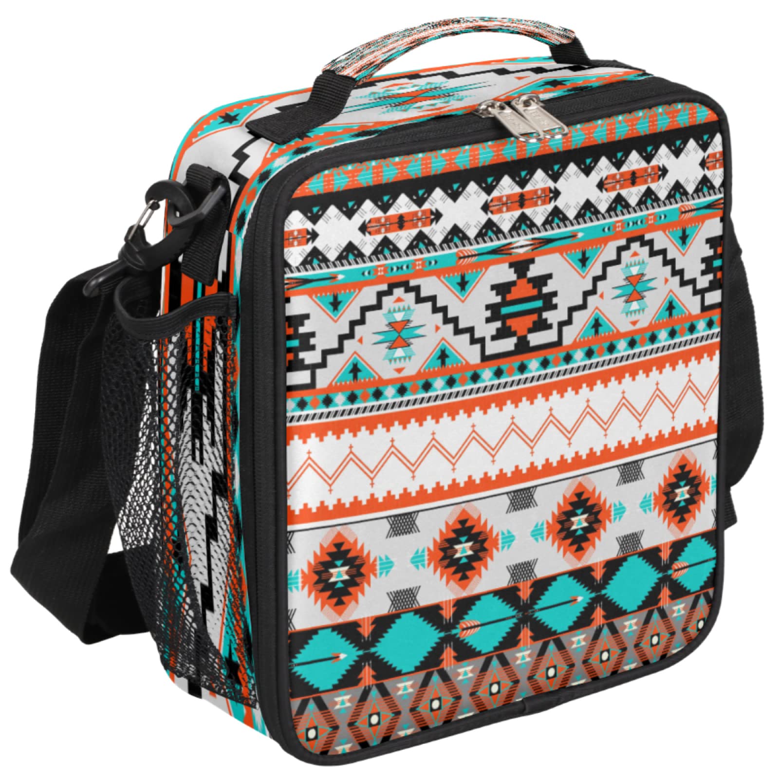 Aztec Geometric Insulated Lunch Box for Kids - Freezable Cooler Bag with Shoulder Strap, Waterproof Bento Tote for School, Office & Picnic | Boys Girls Reusable Meal Prep Container | Ethnic Style Lunch Bag for Daily Use, Travel & Outdoor Activities