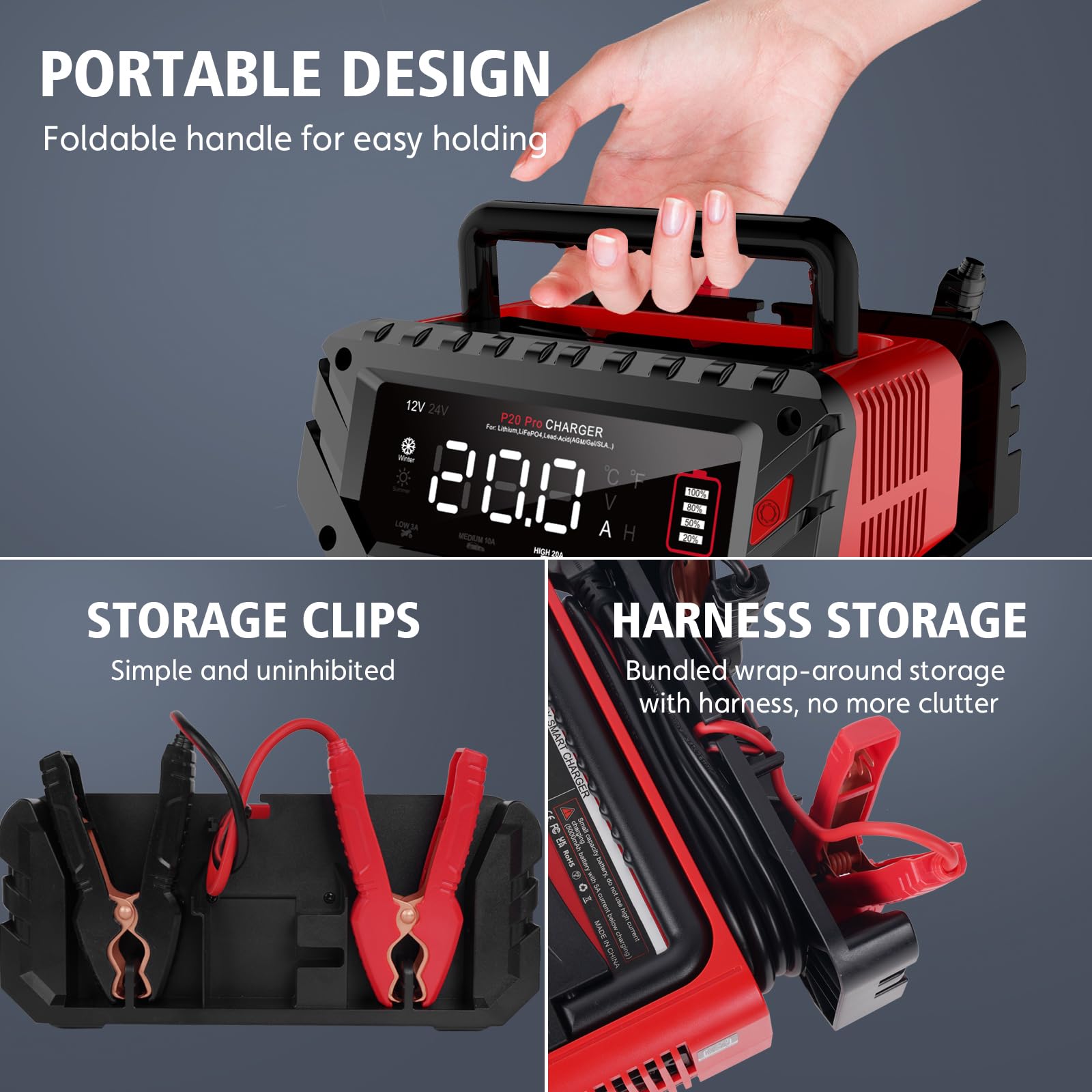 20-Amp 12V/24V Smart Car Battery Charger & Maintainer - Fast Charging for Lead-Acid, Lithium & LiFePO4 Batteries - Perfect for Cars, Motorcycles, Boats & RVs - Keep Your Vehicle Ready for Road Trips & Long-Term Storage