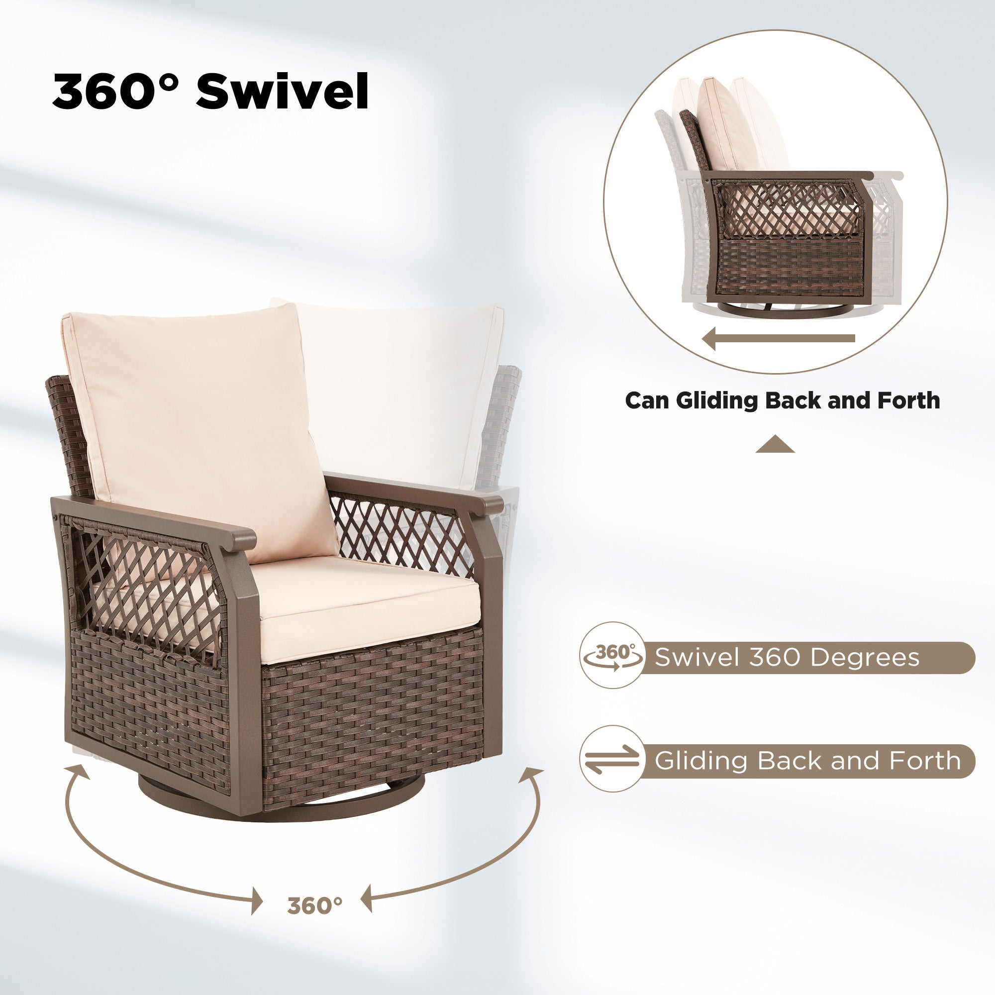 EROMMY 6-Piece Outdoor Patio Furniture Set with Sofa, Swivel Rocking Chairs, Ottoman & Side Table - Brown Wicker Rattan Conversation Set for Garden, Backyard, Poolside & Deck Relaxation