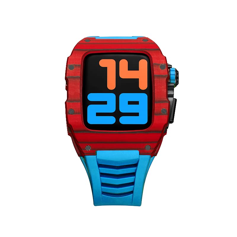 Premium Carbon Fiber Case & Stainless Steel Band for Apple Watch Series 7/6/SE/5/4 (45mm/44mm) - DIY Replacement Strap Kit in Blue & Pink | Gym, Workout & Everyday Wear
