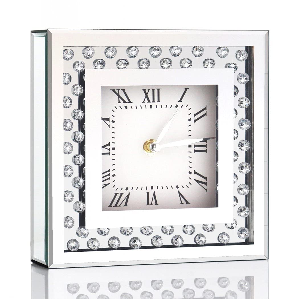 Crystal Sparkle Silent Desk Clock - 8x8x2 Inch Square Mirrored Table Top Decorative Clock with Diamond Accents for Home & Office Decor | Perfect for Bedroom, Living Room, or Gift Giving