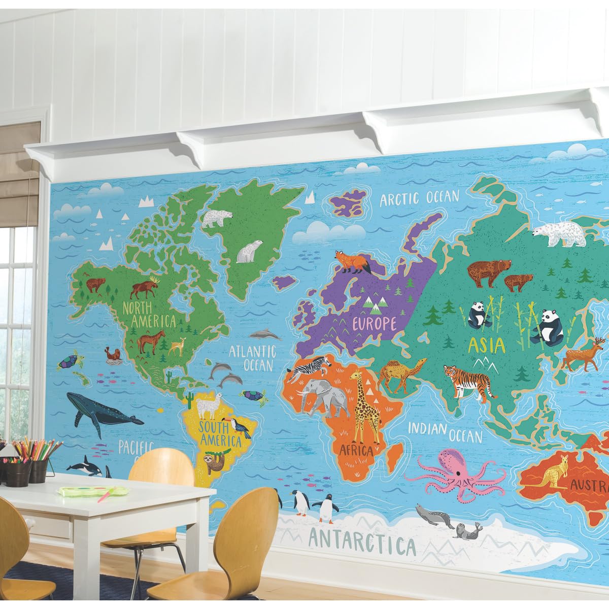 RoomMates RMK11772M World Map Peel and Stick Wall Mural - 10.5 ft x 6 ft - Educational Classroom Decor for Teachers & Homeschooling - Perfect for Geography Lessons & Kids Bedroom Decor