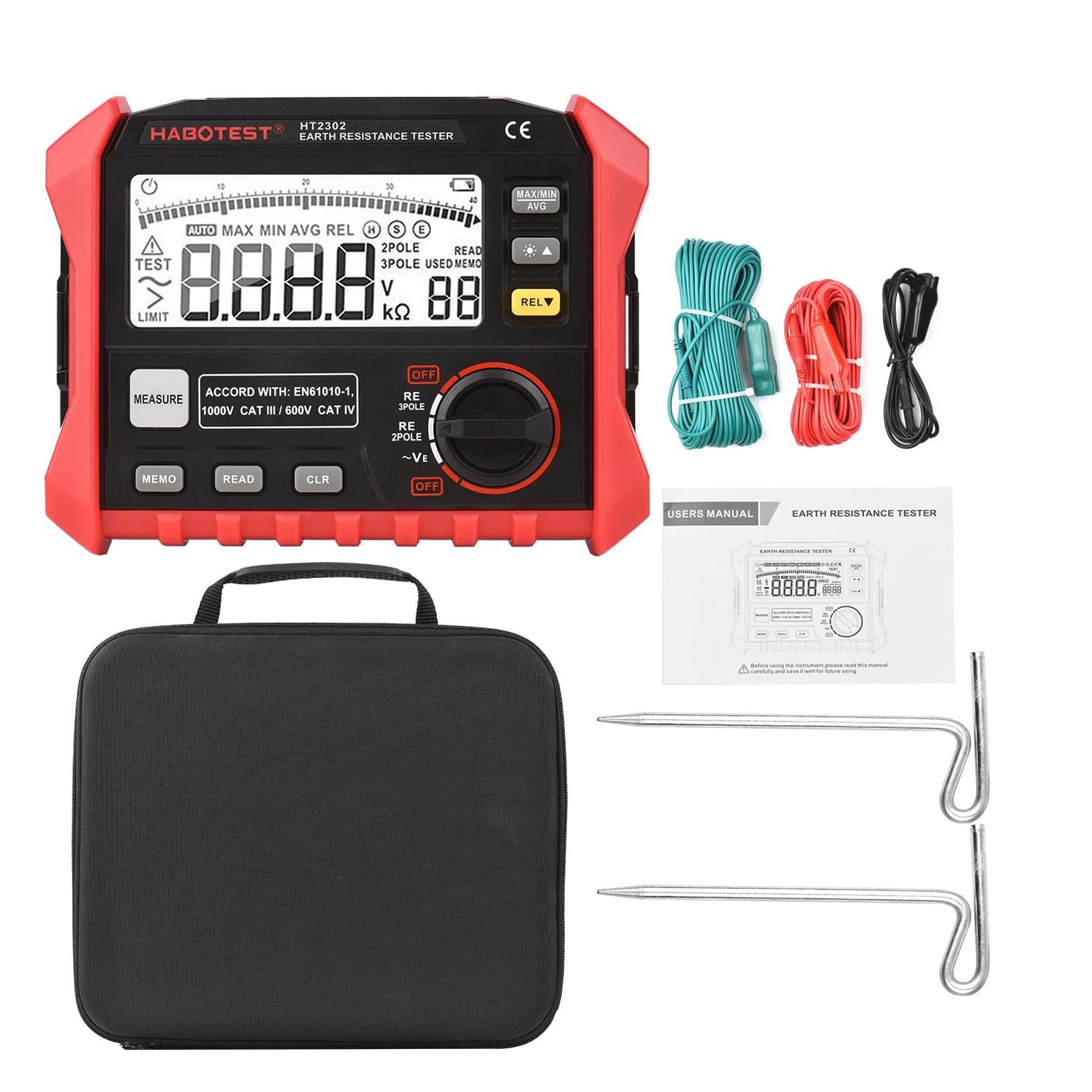 HT2302 Digital Earth Resistance Tester - 0Ω to 4KΩ Range, 100 Data Groups Storage, LCD Backlight Display with Carrying Case - Ideal for Electrical Maintenance, Grounding System Testing & Industrial Safety Inspections