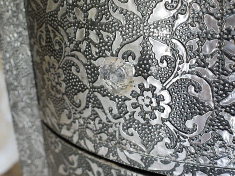 Handmade Blackened Silver Embossed Patterned Metal Corner Cabinet with Door & Drawer - Perfect for Living Room, Bedroom, or Office Storage