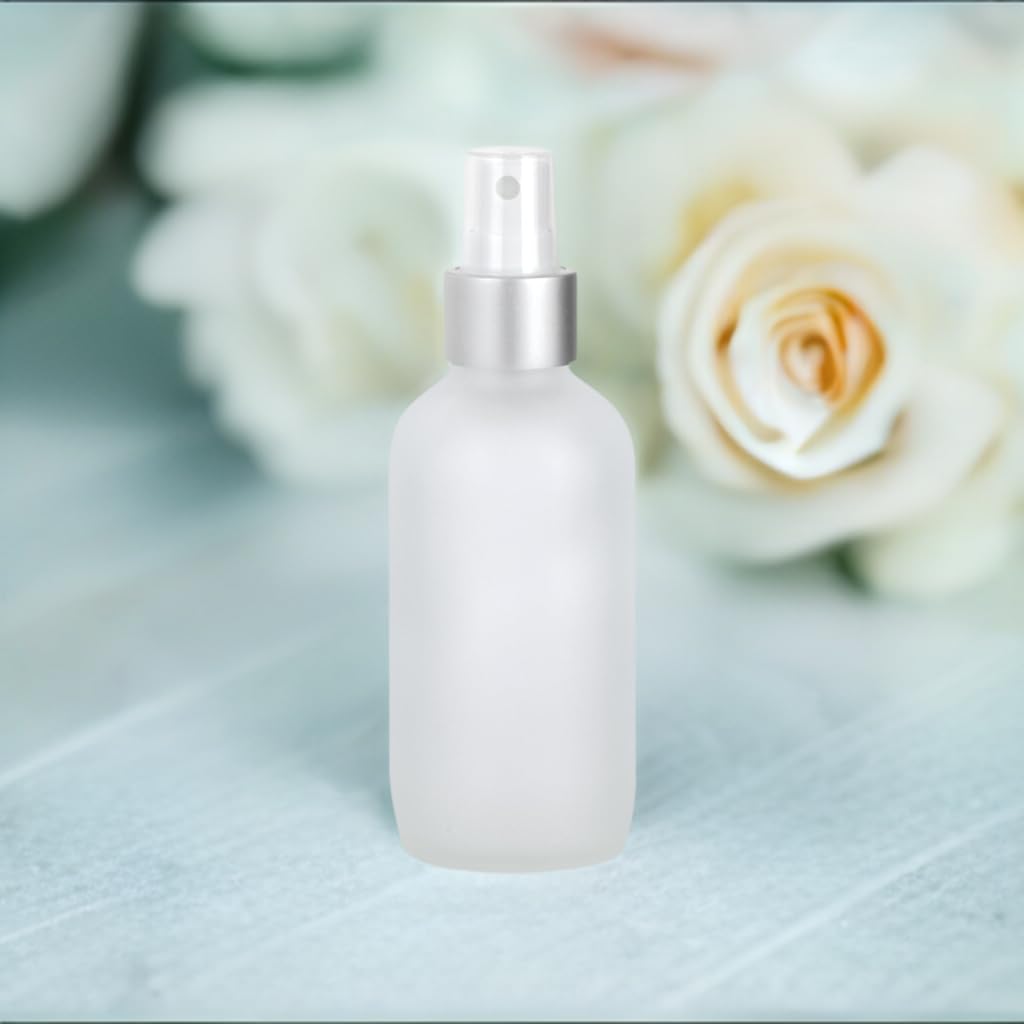 JUVITUS 4 oz Clear Frosted Glass Boston Round Bottle with Silver Fine Mist Spray (6 Pack) + Funnel - Perfect for Essential Oils, Perfumes & DIY Skincare Recipes