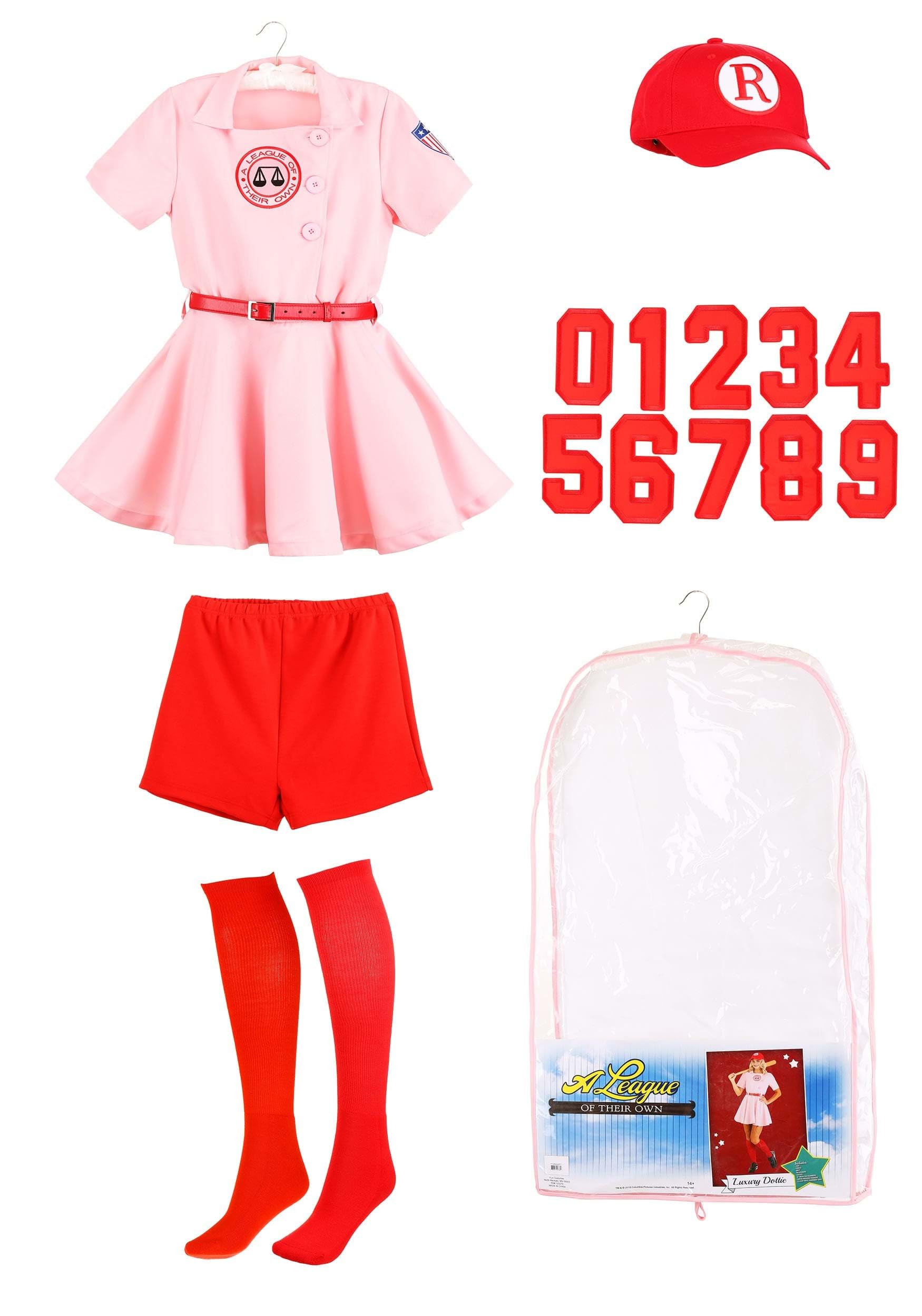 Vintage Dottie Baseball Costume for Women - Pink Retro Baseball Dress with Hat, Belt, Numbers & Socks | 1940s A League of Their Own Halloween Cosplay, Themed Parties & Costume Events
