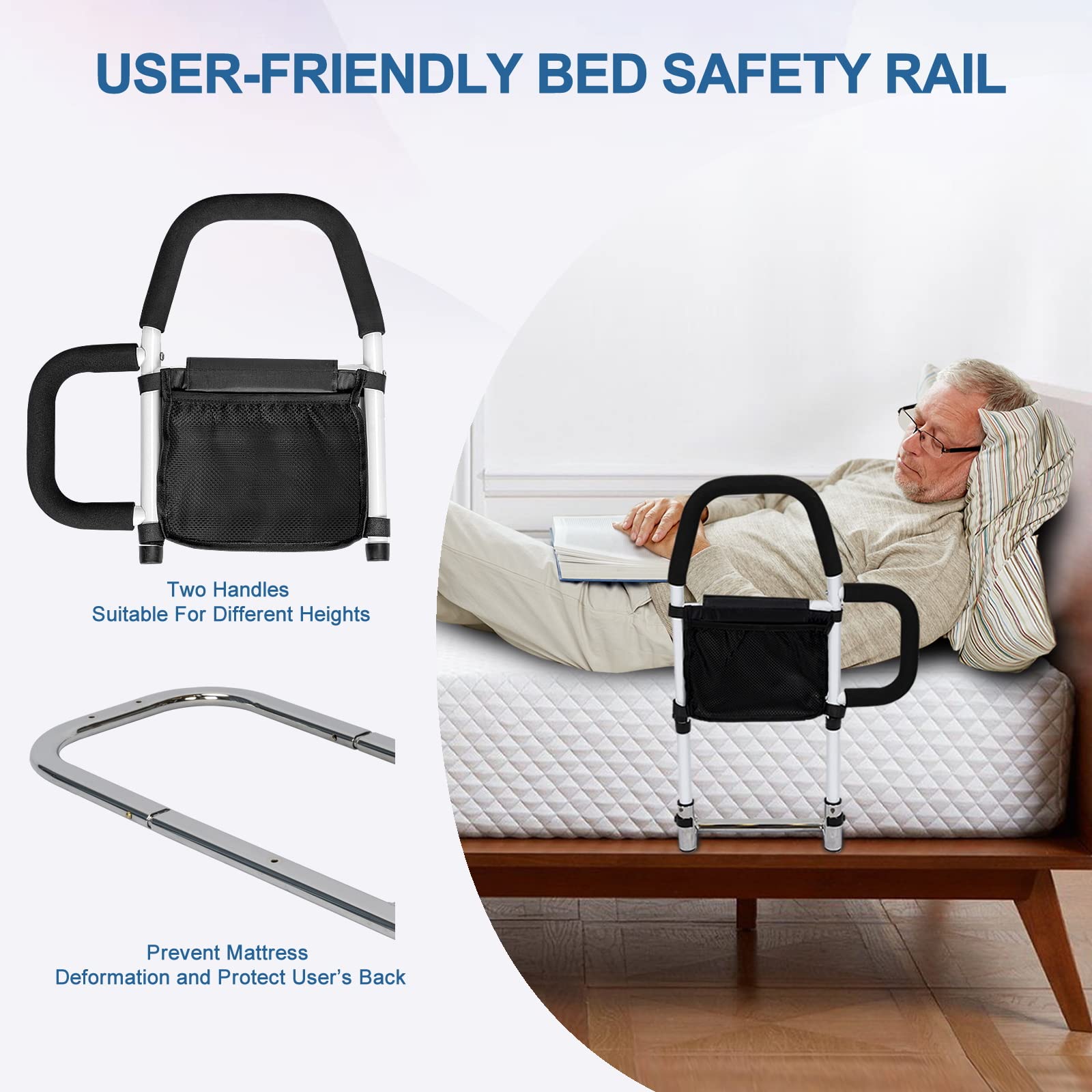 **Bed Rails for Elderly Adults - Adjustable Safety Bed Assist Rail with Dual Grab Bars & Storage Pocket - Supports Up to 300lbs - Fits King, Queen, Full & Twin Beds - Ideal for Seniors, Post-Surgery Recovery & Home Care Assistance**