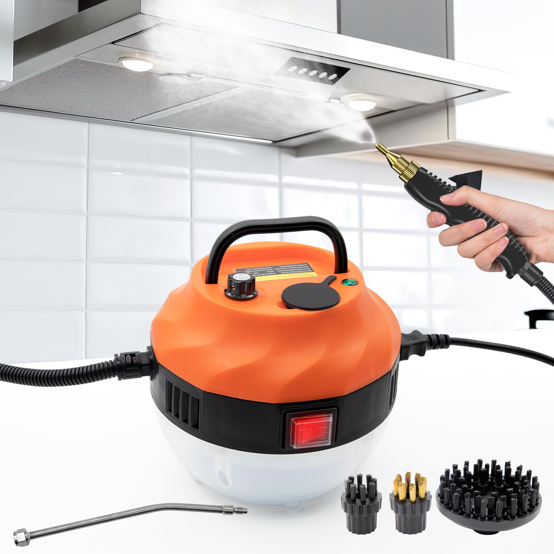 **2500W High Pressure Steam Cleaner for Home - 3 Brush Heads, 2 Washers & Extendable Rod - Handheld Steamer for Upholstery, Kitchen, Bathroom, Floors - Orange & White (Ideal for Deep Cleaning Stains, Grime & Sanitizing Surfaces)**