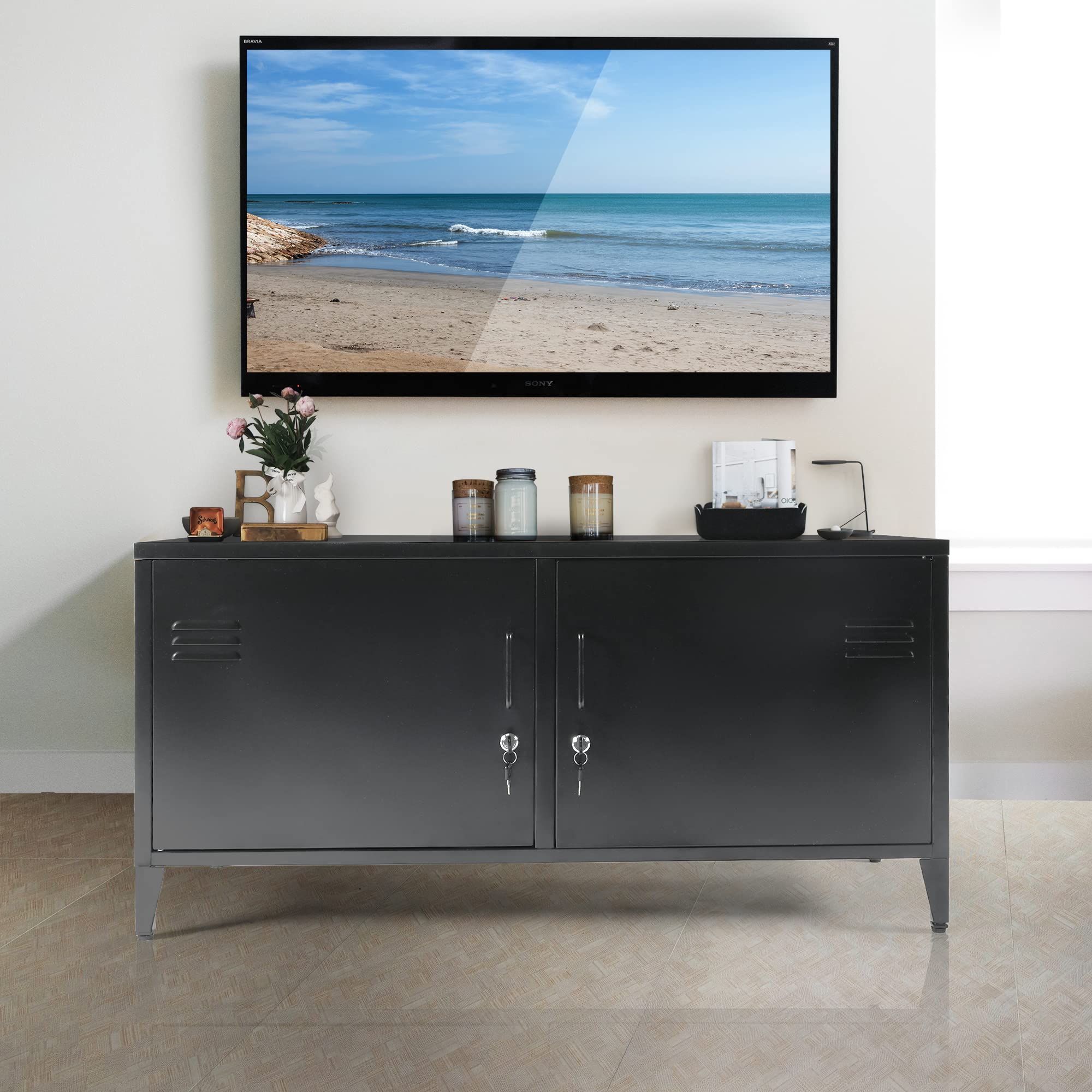 HOPUBUY 2-Door Black Metal Storage Cabinet - Steel Locker with Adjustable Shelves for Bedroom, Garage, Office Organization | Space-Saving Home & Office Storage Solution