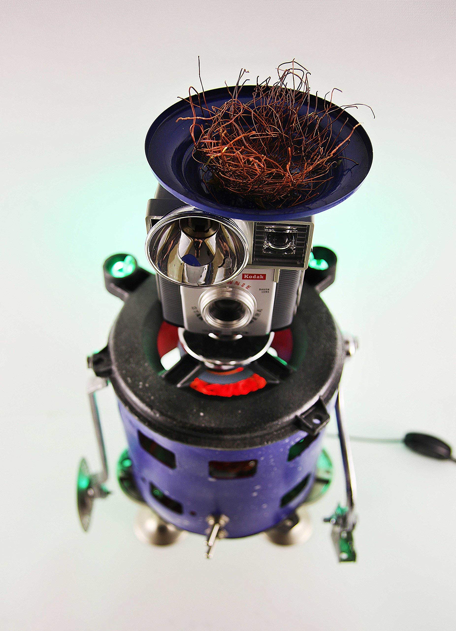 Steampunk Robot Sculpture Lamp - Unique Found Object Art with Night Light, Made from Recycled Materials - Perfect for Home Decor, Office Desk & Gift Ideas
