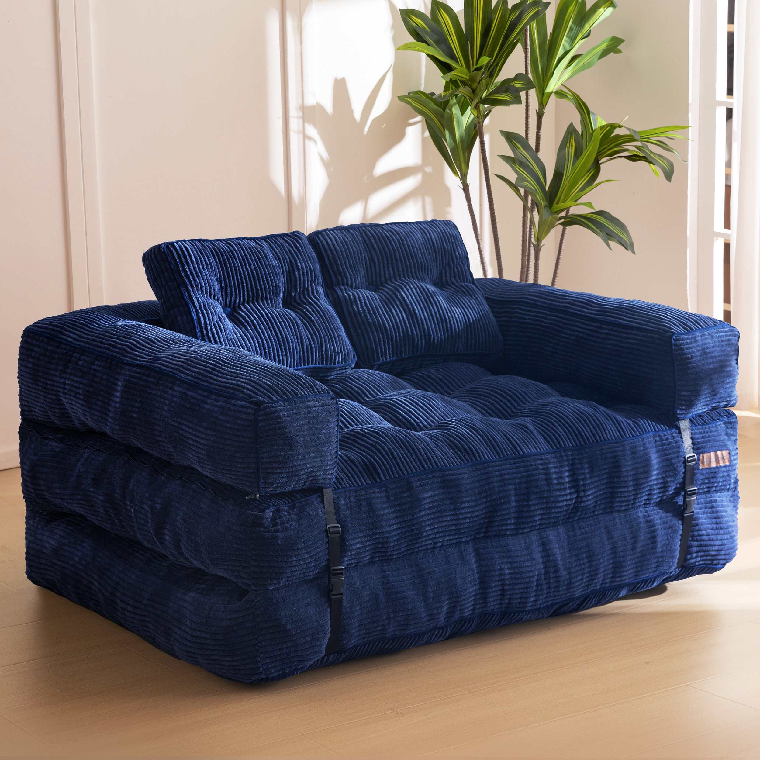 MAXYOYO L-Shaped Folding Sofa Bed - Convertible Sleeper Couch with Armrest & Pillow, Portable Foldable Floor Lounge Chair for Living Room, Bedroom, Guest Room (Double Size, Navy Blue) | Perfect for Small Spaces, Apartments & Overnight Guests