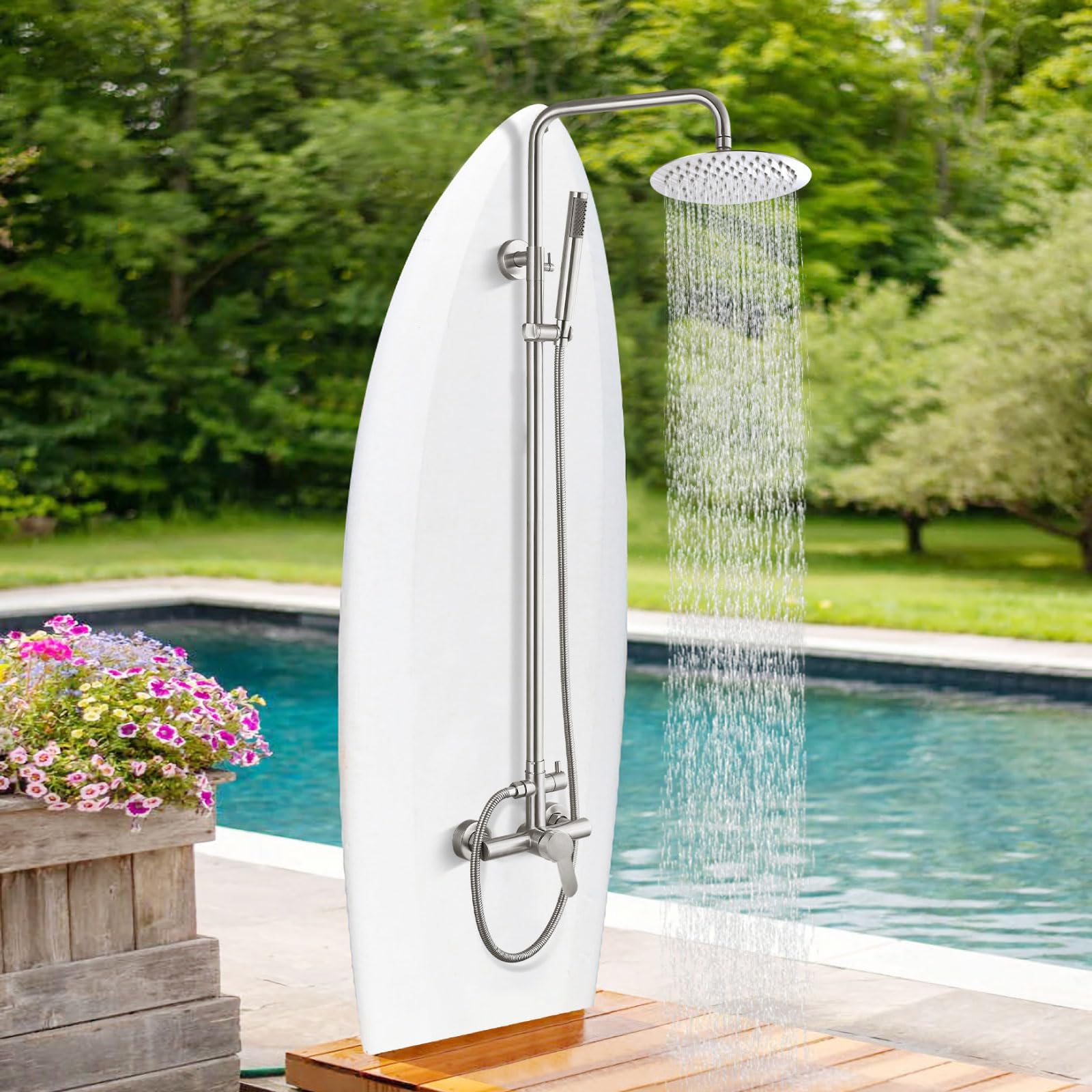 Gotonovo Outdoor Shower Faucet Set - SUS304 Stainless Steel Rainfall Shower Head with High Pressure Hand Spray, 2-Function Wall Mount System in Brushed Nickel (8 Inch) - Perfect for Patio, Poolside, and Garden Use
