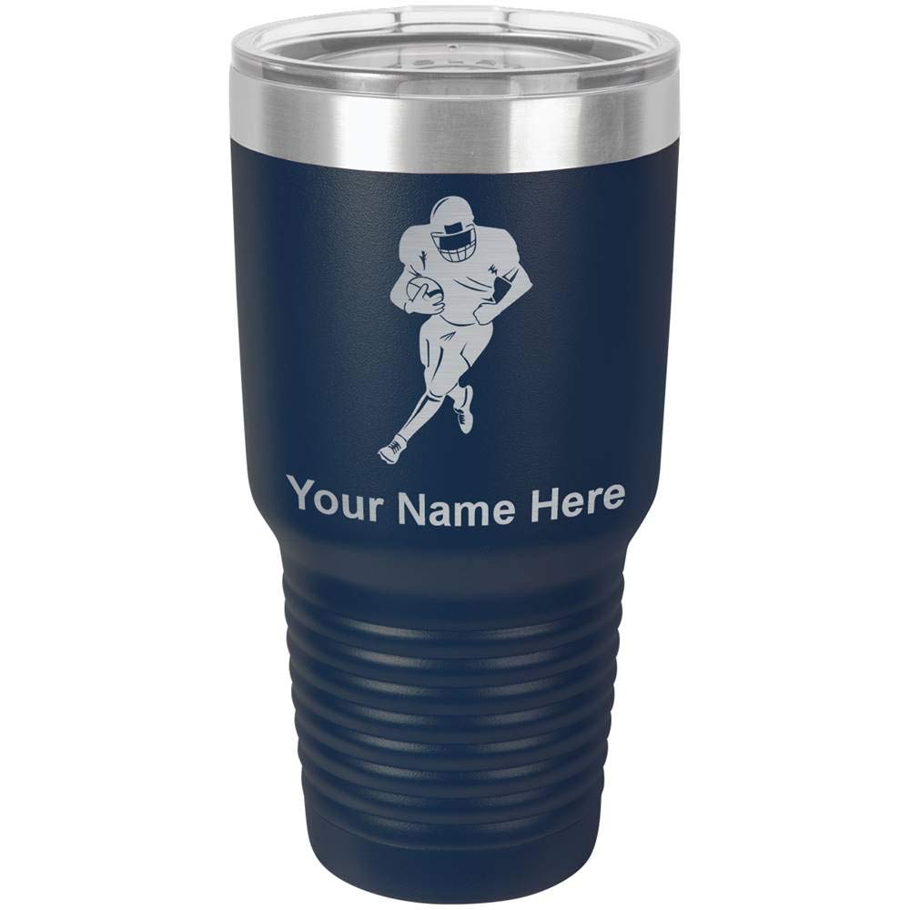 LaserGram 30oz Vacuum Insulated Stainless Steel Tumbler with Lid - Custom Engraved Football Player Design in Navy Blue - Perfect for Sports Fans, Office Use & Outdoor Activities