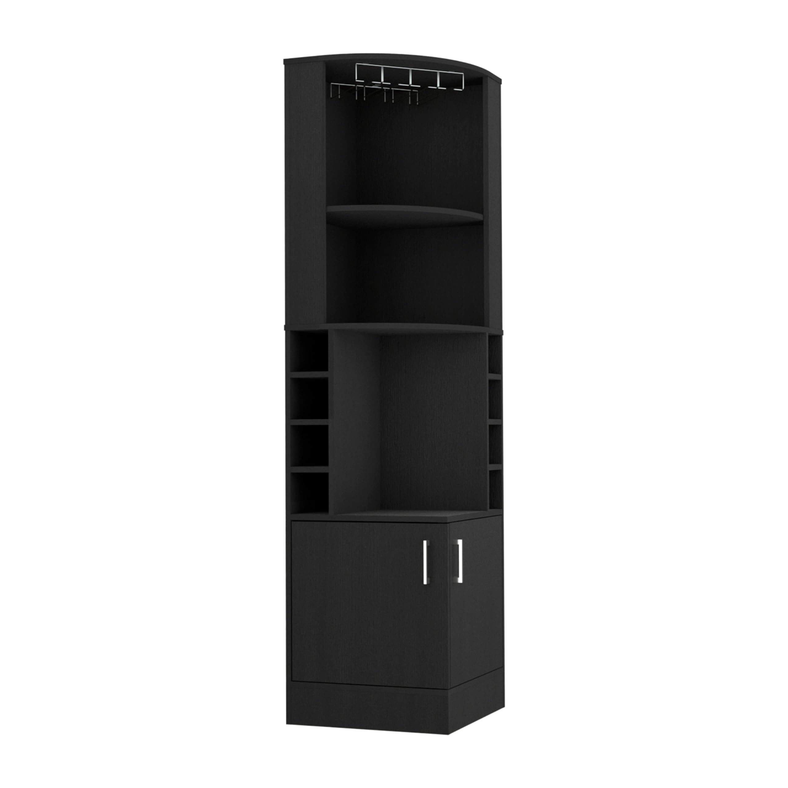 Tuhome Black Syrah Corner Bar Cabinet with 8 Bottle Cubbies, Double Doors & 2 Open Shelves - Space-Saving Home Bar for Living Room, Dining Room or Man Cave